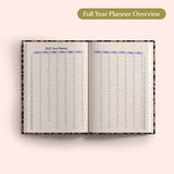 Open the 2027 Full Year Planner Overview on a pink background. Yearly Diary. Recycled paper.