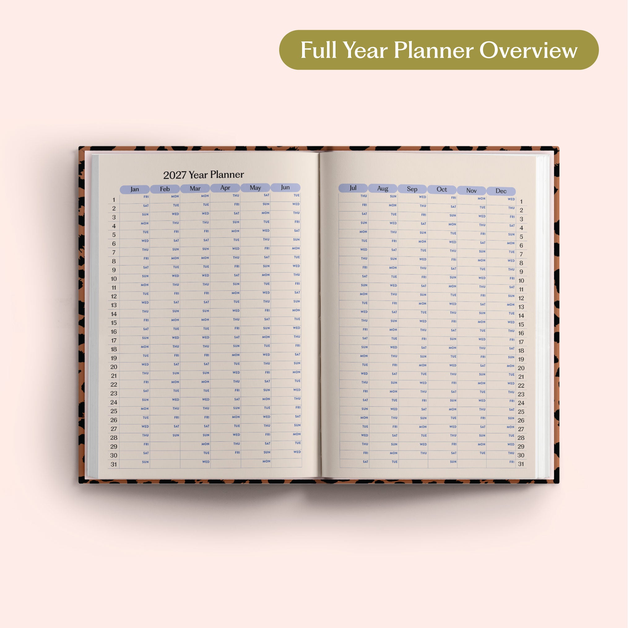 Open the 2027 Full Year Planner Overview on a pink background. Yearly Diary. Recycled paper.