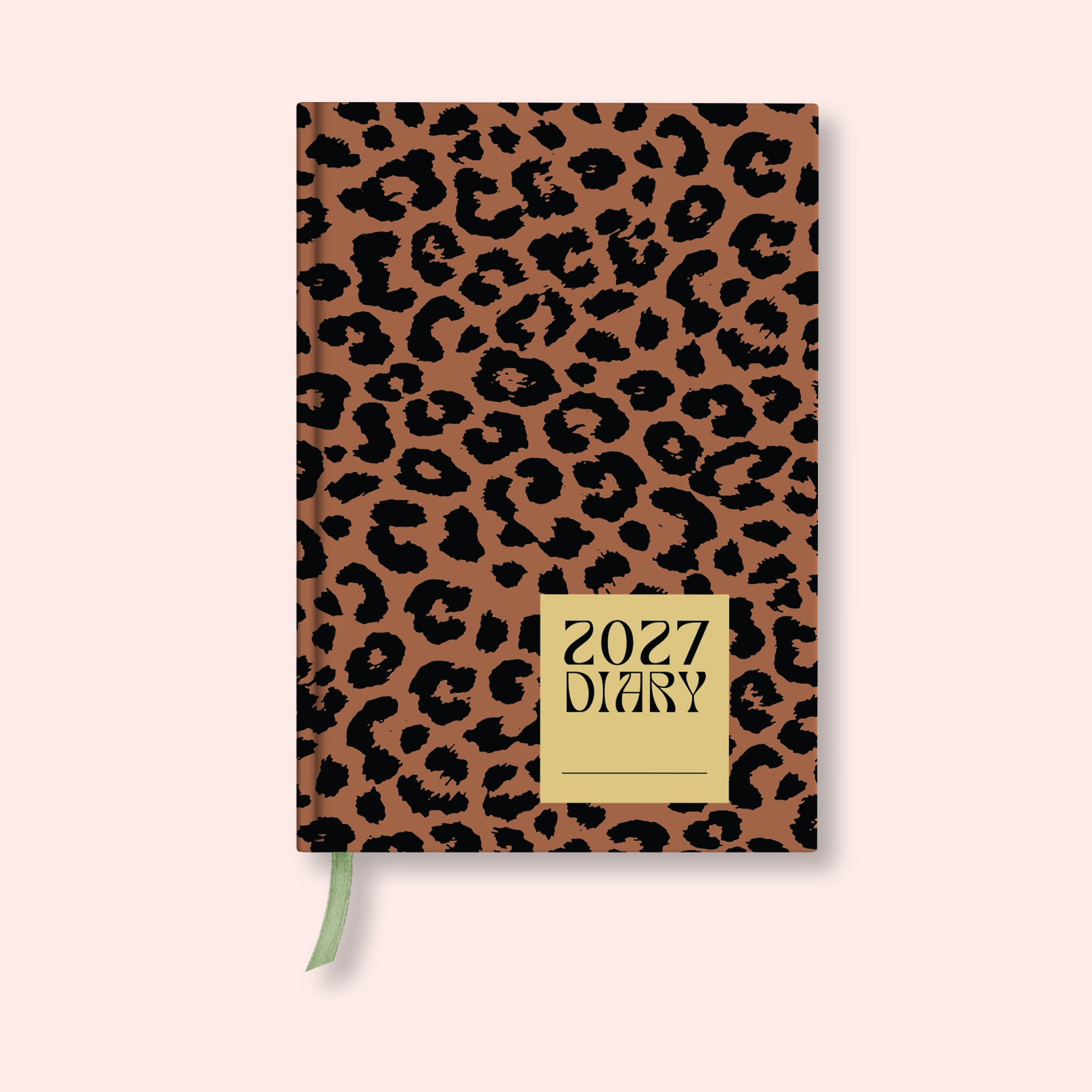 Leopard print weekly 2027 diary with on a pink background. B Corp. Recycled paper.