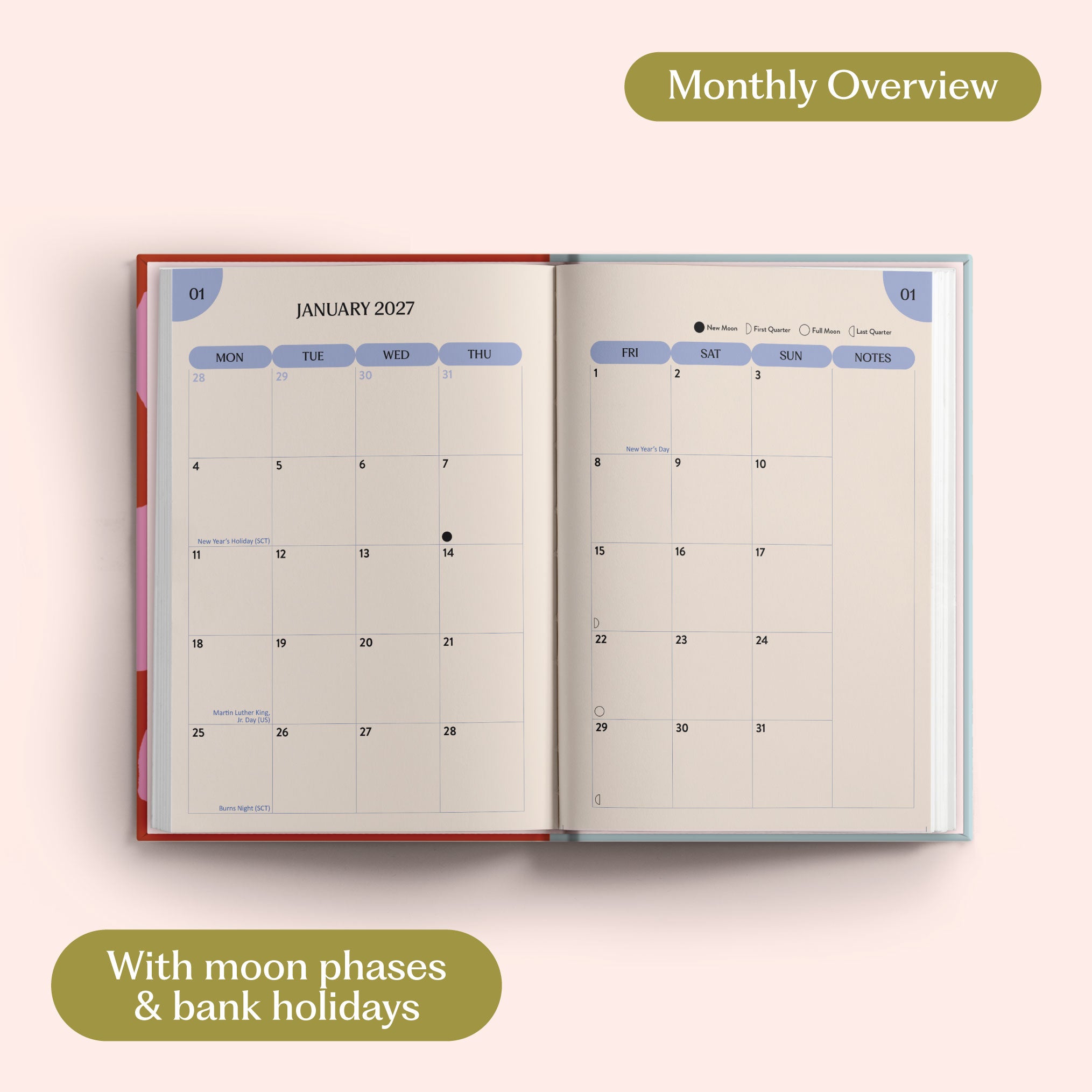 Open planner showing month-to-view January 2027 with moon phases and bank holidays on a pink background.