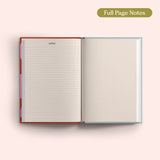 Open 2027 Diary with lined and dotted pages on a pink background.