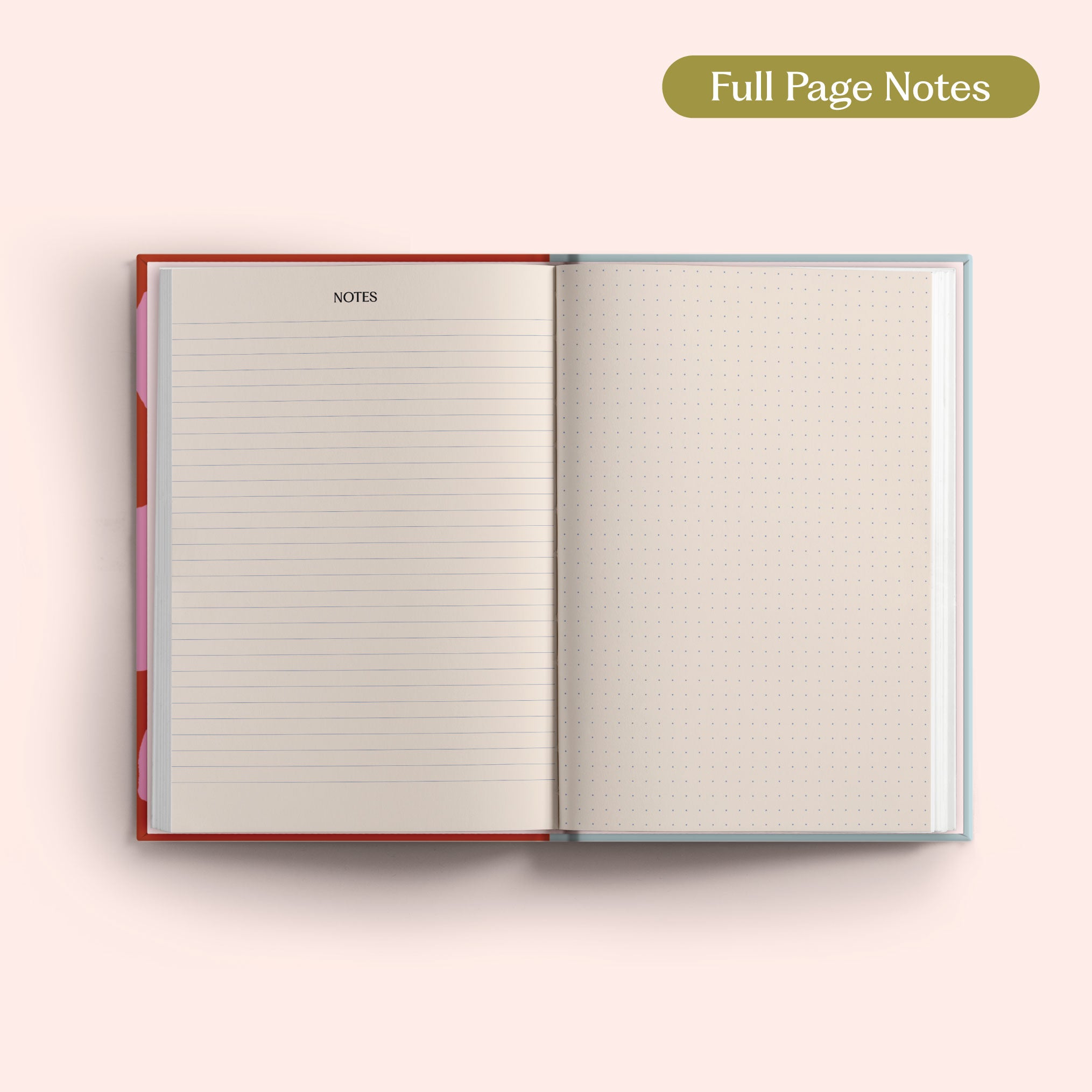 Open 2027 Diary with lined and dotted pages on a pink background.