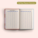 Open the 2027 Full Year Planner Overview on a pink background. Yearly Diary. Recycled paper.