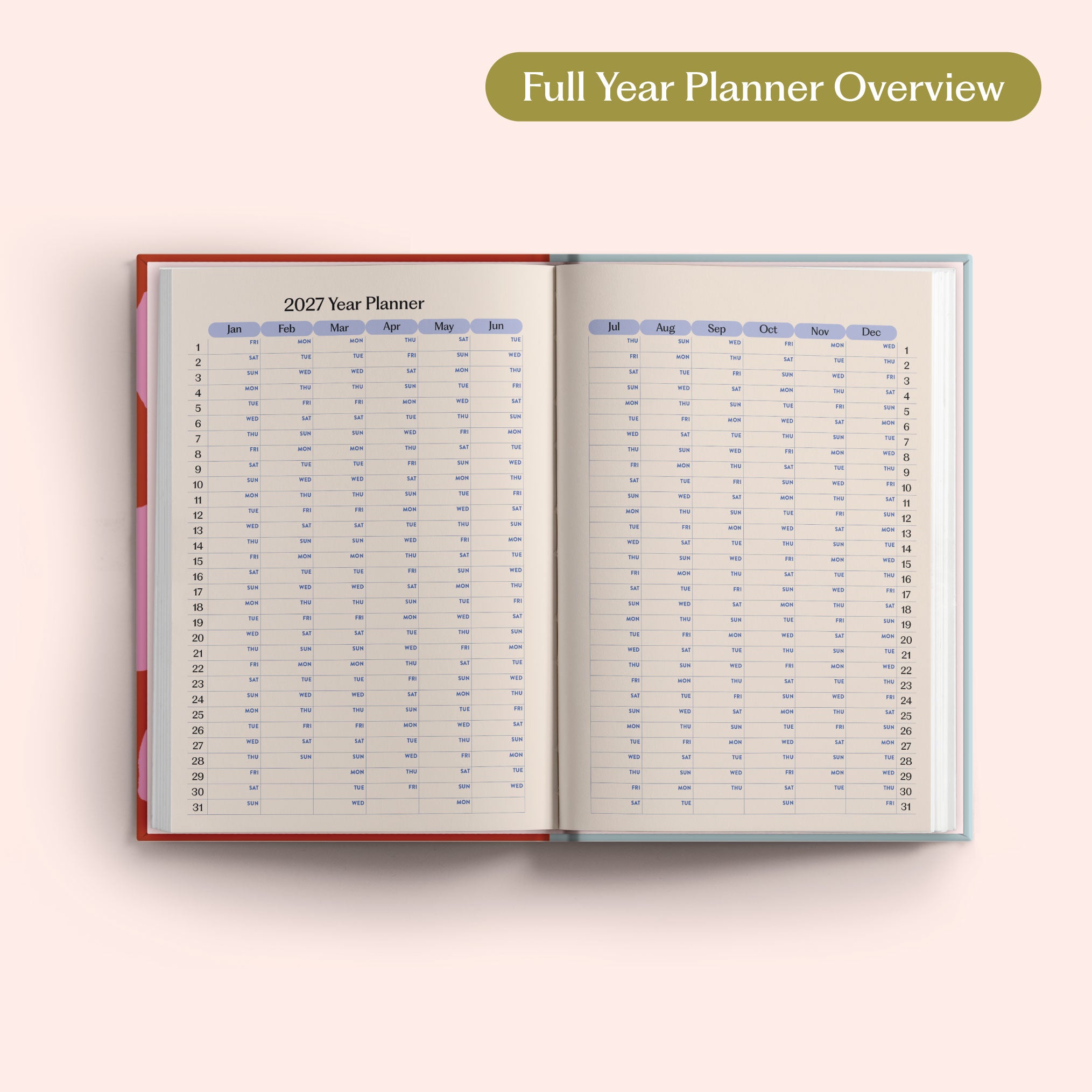 Open the 2027 Full Year Planner Overview on a pink background. Yearly Diary. Recycled paper.
