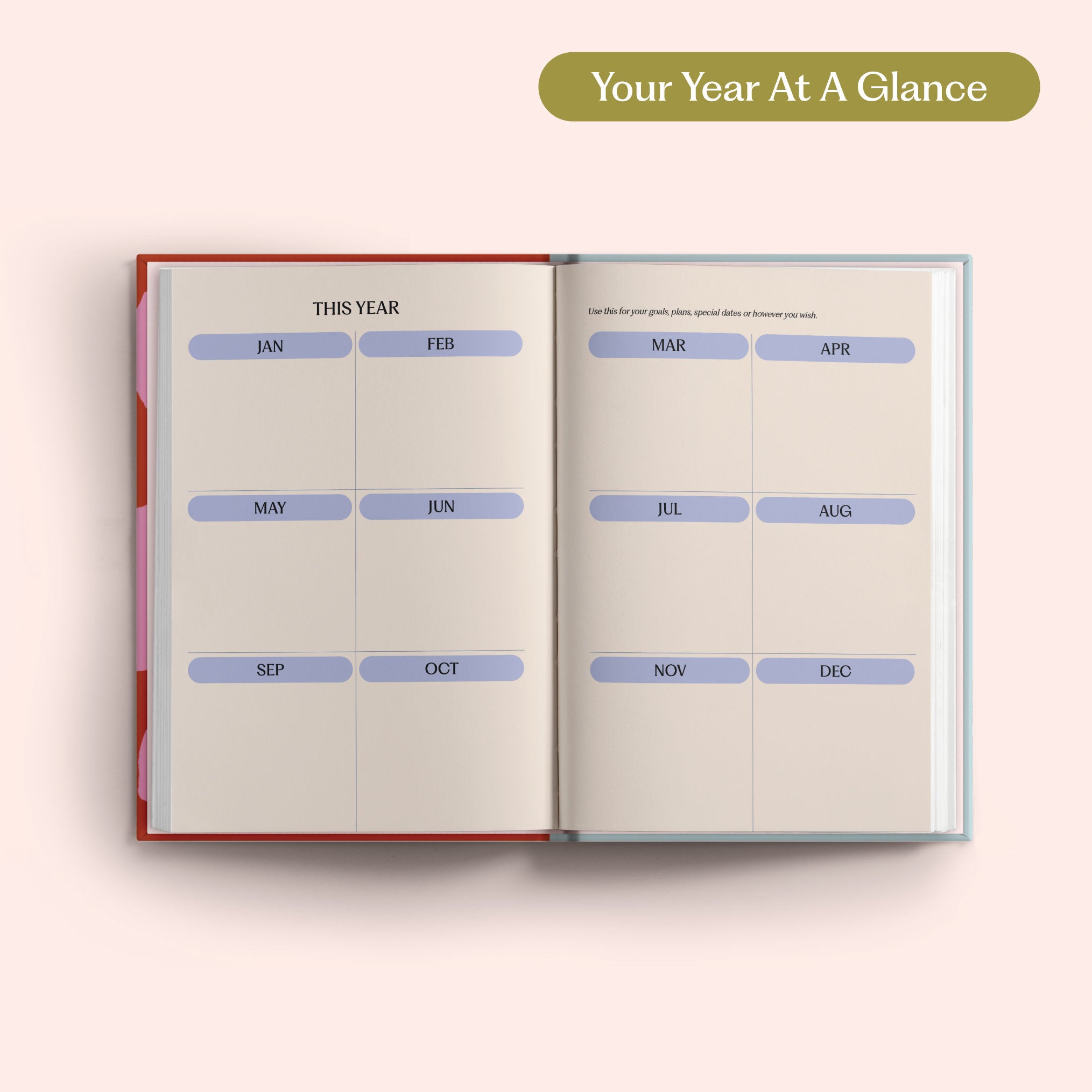 Open planner with 2027 year-to-view on a pink background. B Corp. Year Planner.