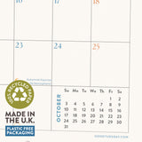 2027 wall calendar printed on recycled paper, Made in the UK, Plastic Free Packaging 