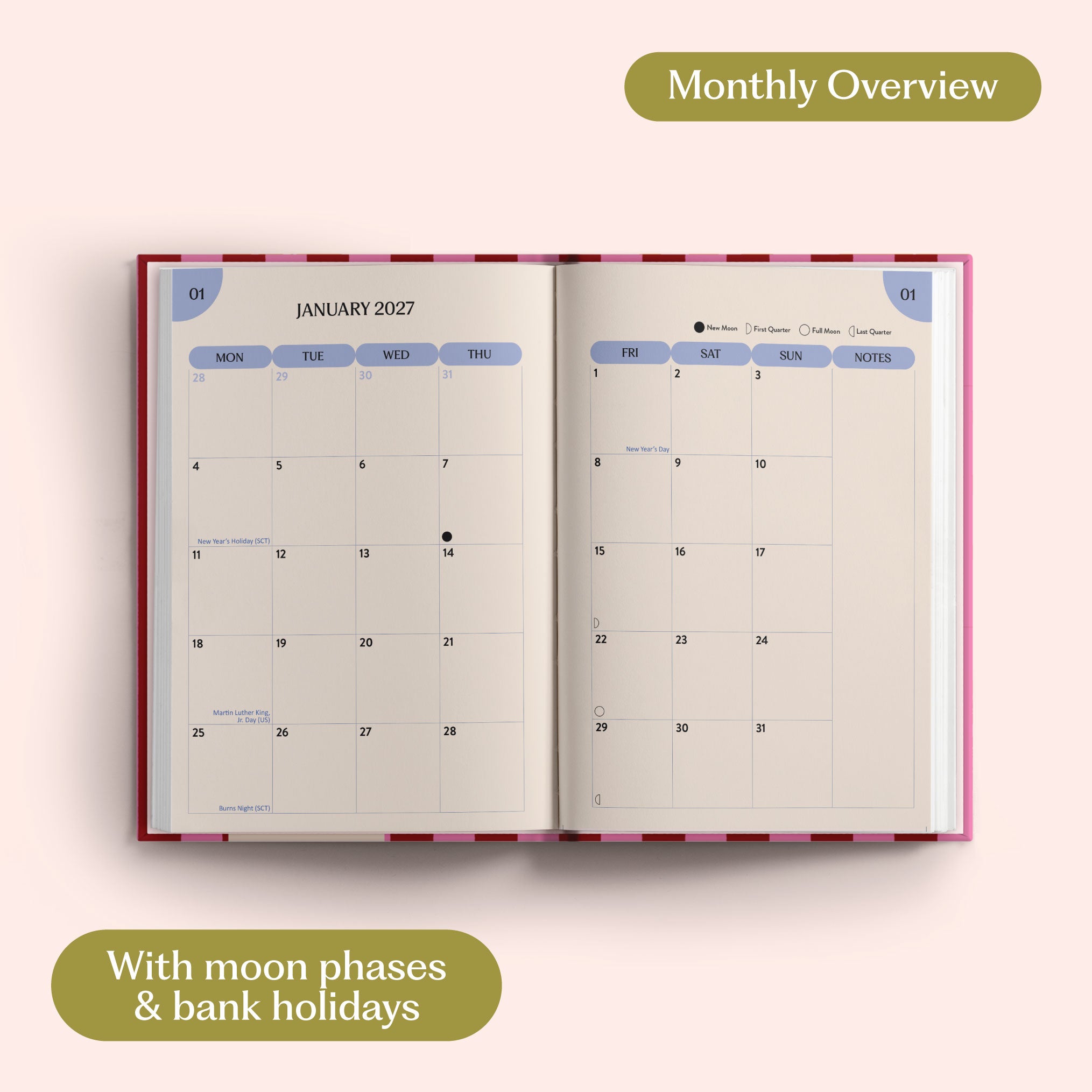 Open planner showing month-to-view January 2027 with moon phases and bank holidays on a pink background.