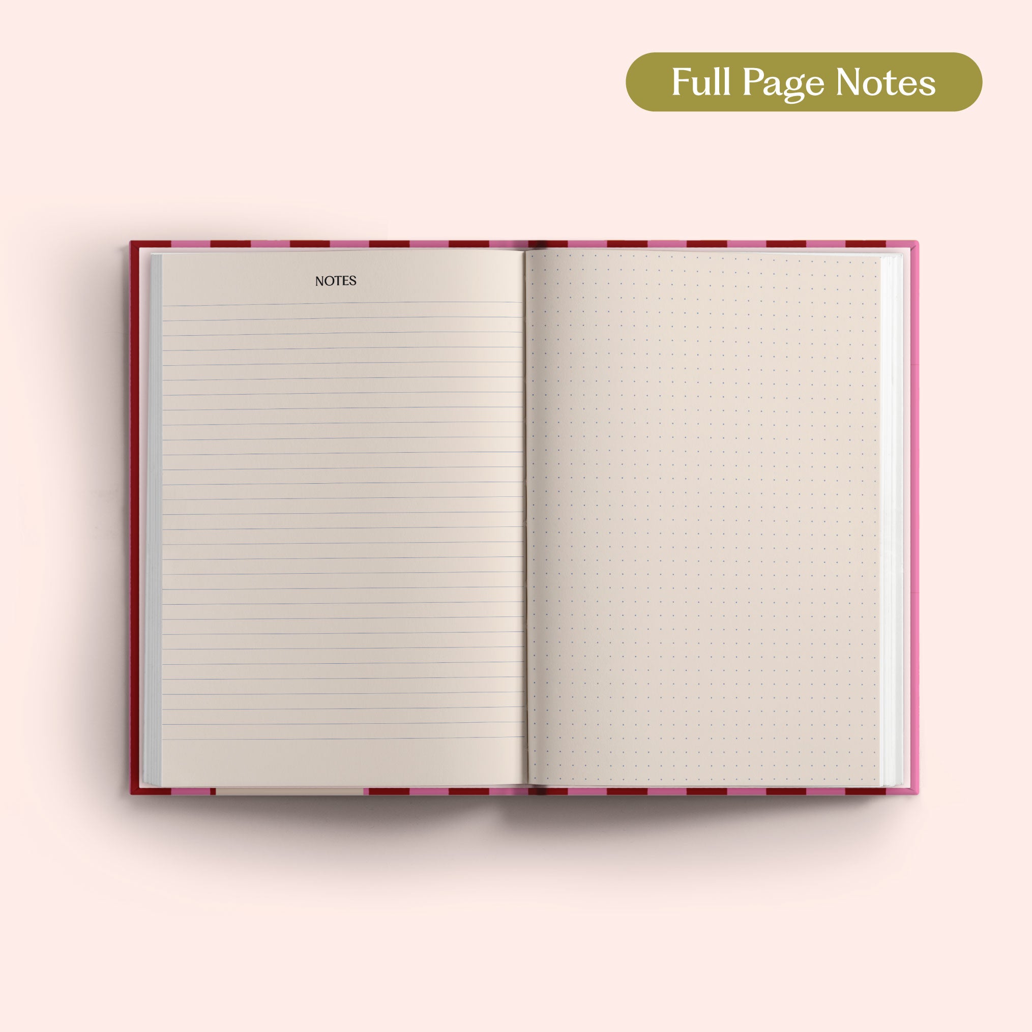 Open 2027 Diary with lined and dotted pages on a pink background.
