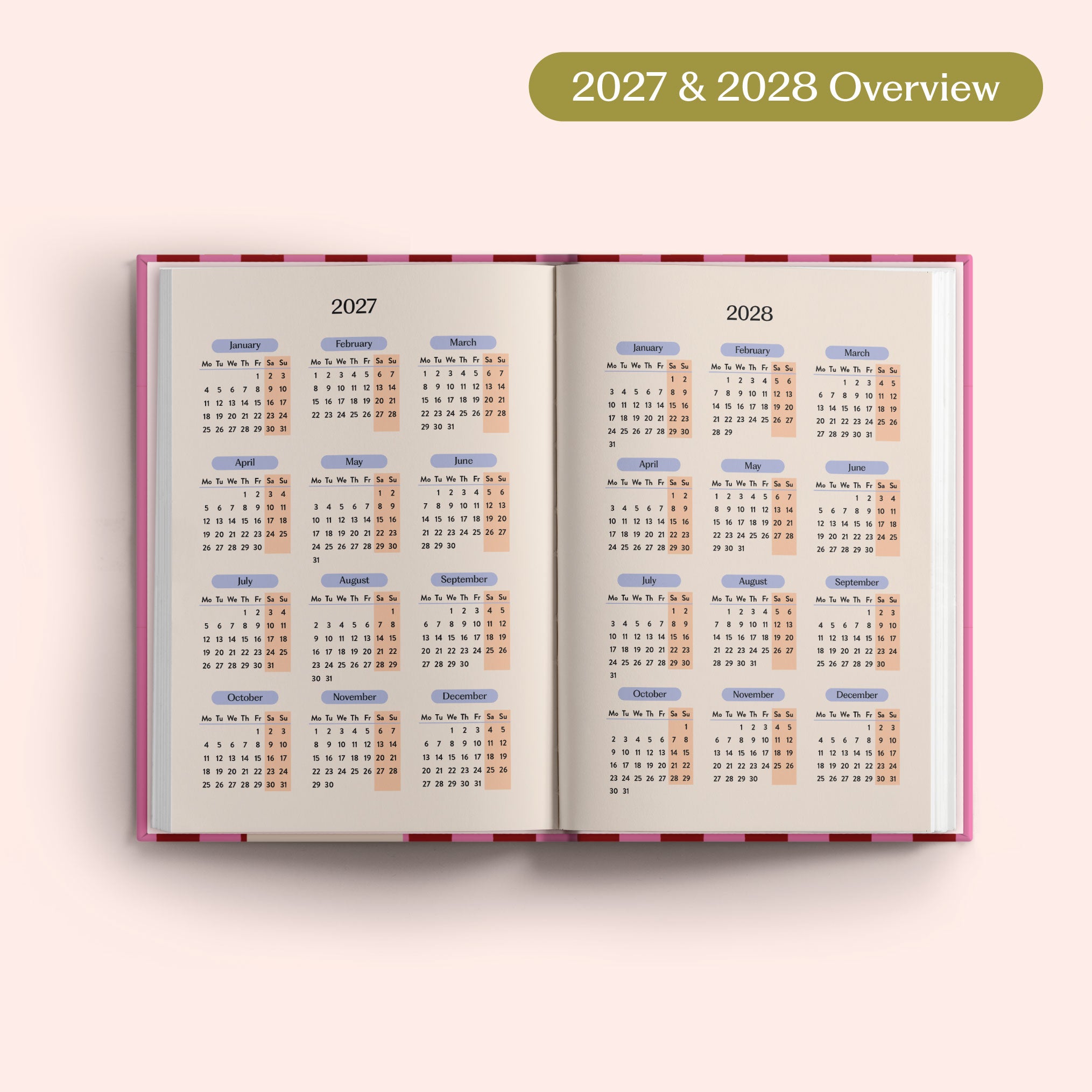 Open planner showing 2027 and 2028 yearly overview on a pink background.