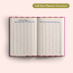 Open the 2027 Full Year Planner Overview on a pink background. Yearly Diary. Recycled paper.