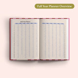 Open the 2027 Full Year Planner Overview on a pink background. Yearly Diary. Recycled paper.