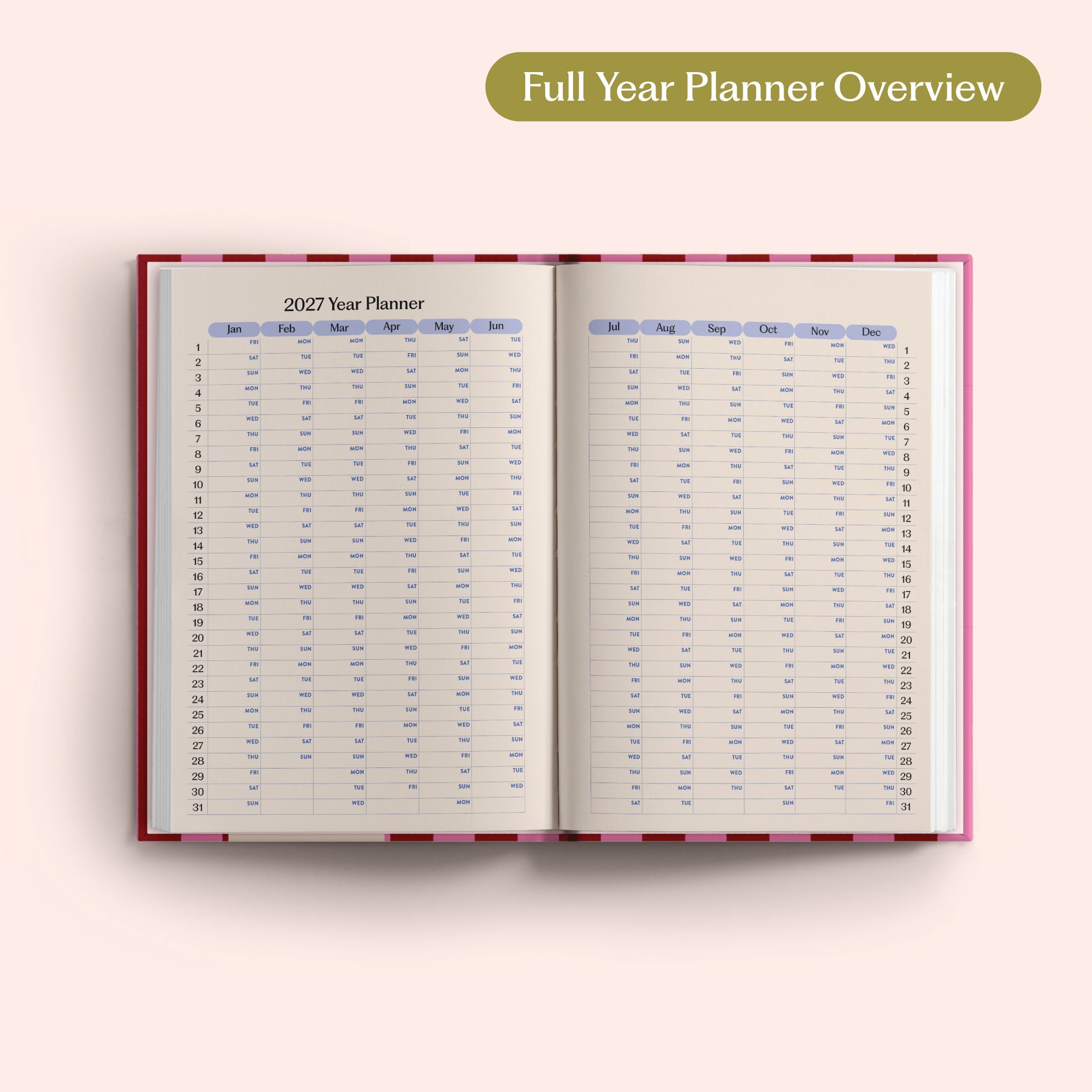 Open the 2027 Full Year Planner Overview on a pink background. Yearly Diary. Recycled paper.