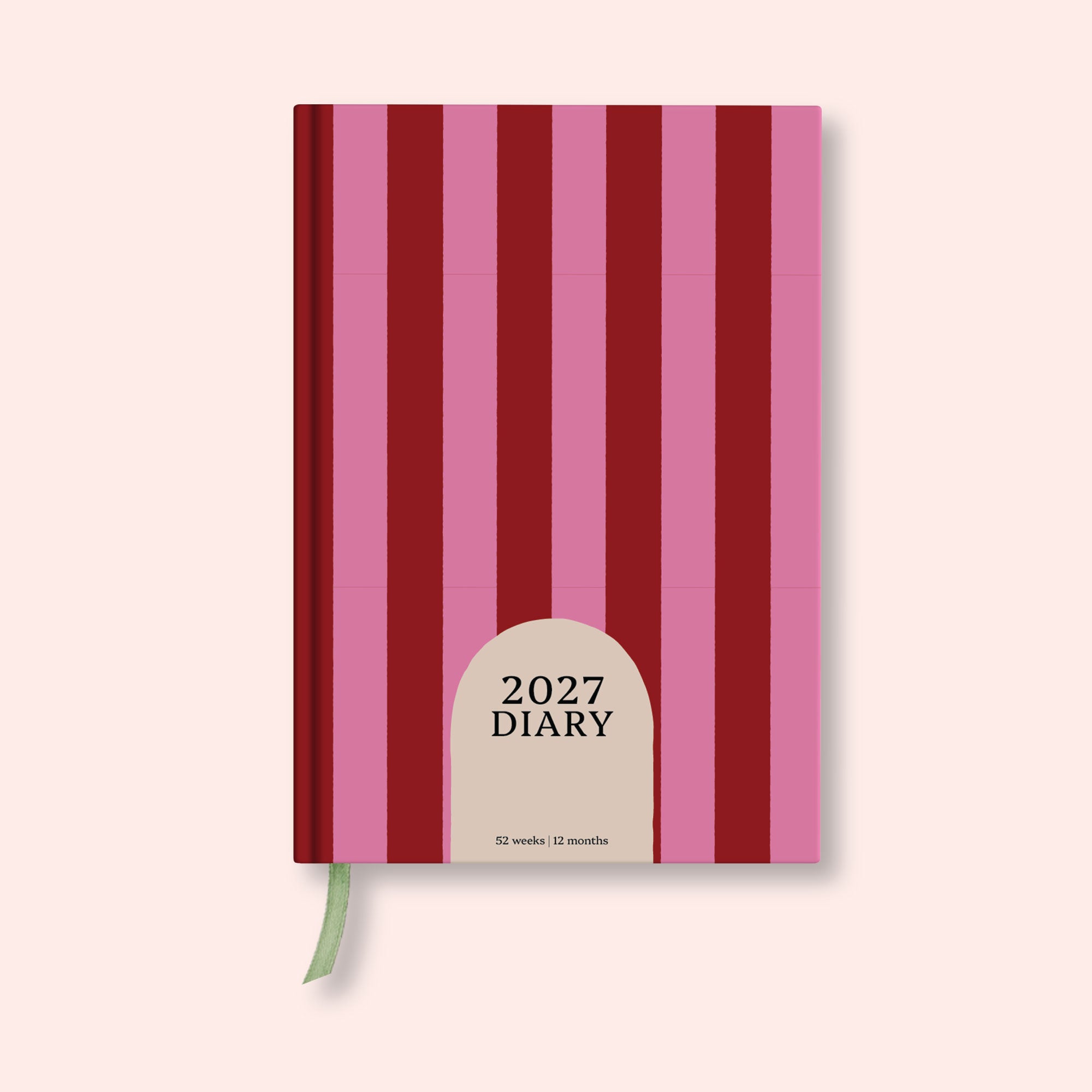 Pink and red stripe weekly 2027 diary with on a pink background. B Corp. Recycled paper.