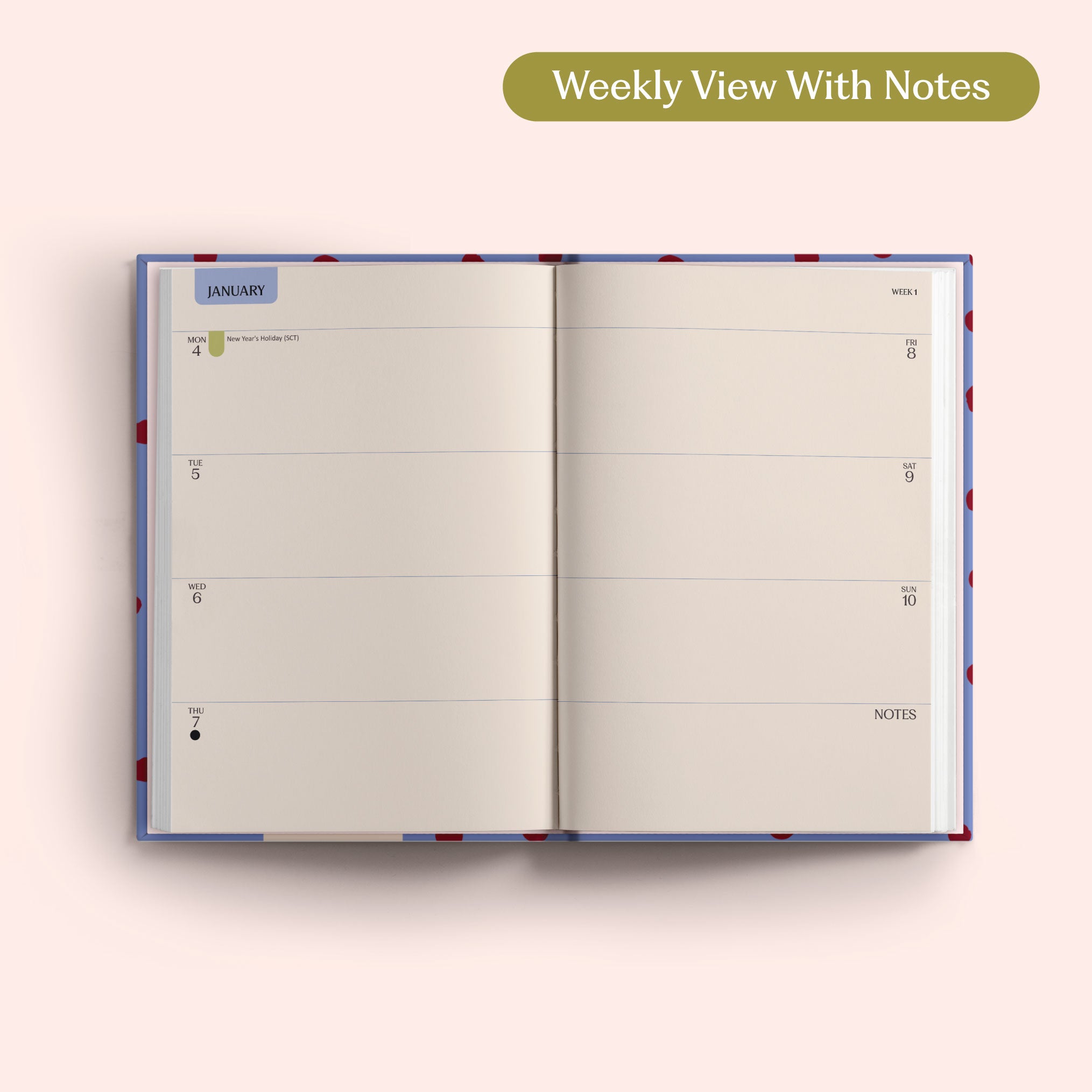Open planner showing a weekly view with notes on a pink background. Recycled Paper.