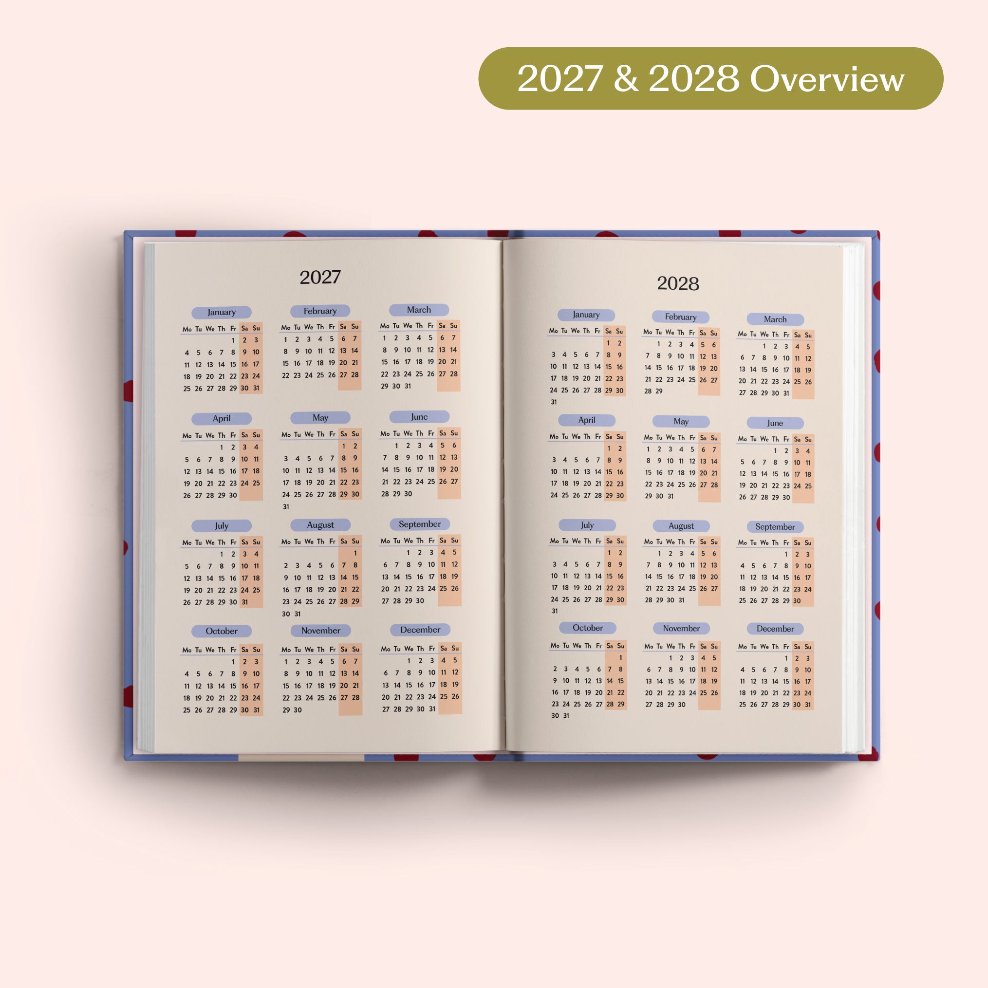 Open planner showing 2027 and 2028 yearly overview on a pink background.