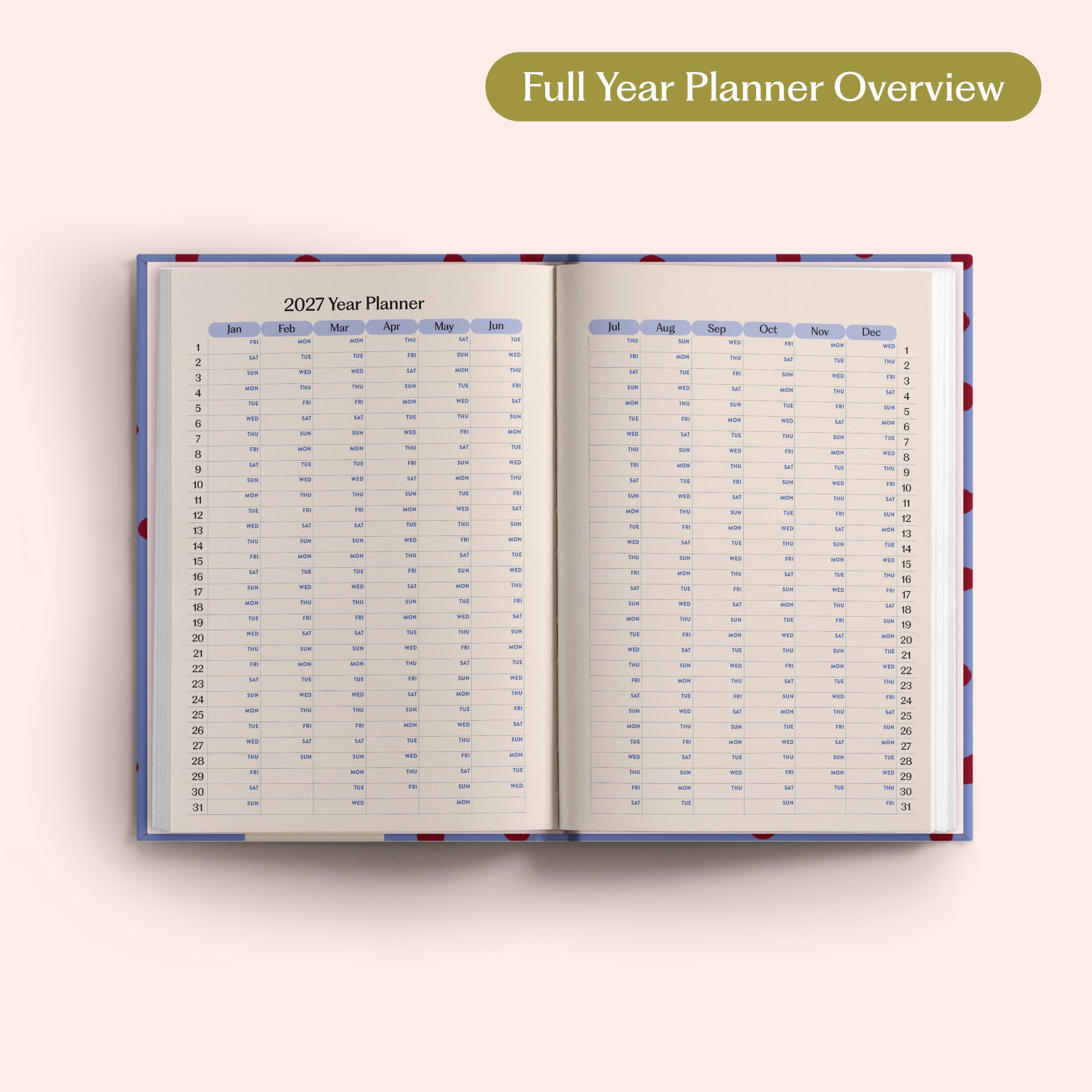 Open the 2027 Full Year Planner Overview on a pink background. Yearly Diary. Recycled paper.