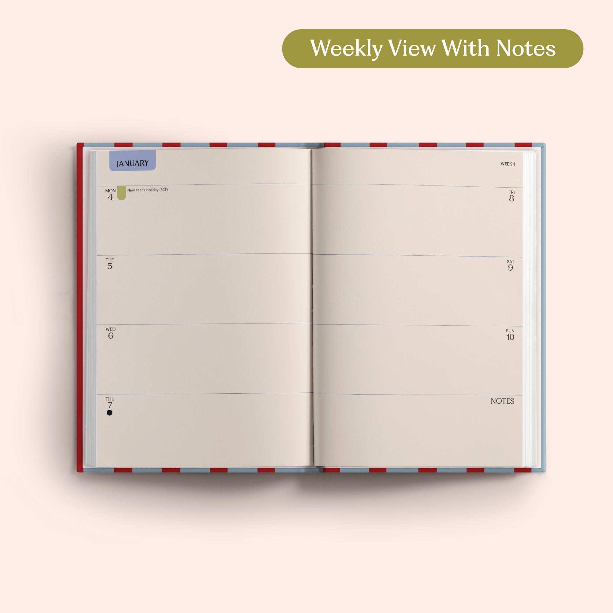 Open planner showing a weekly view with notes on a pink background. Recycled Paper.