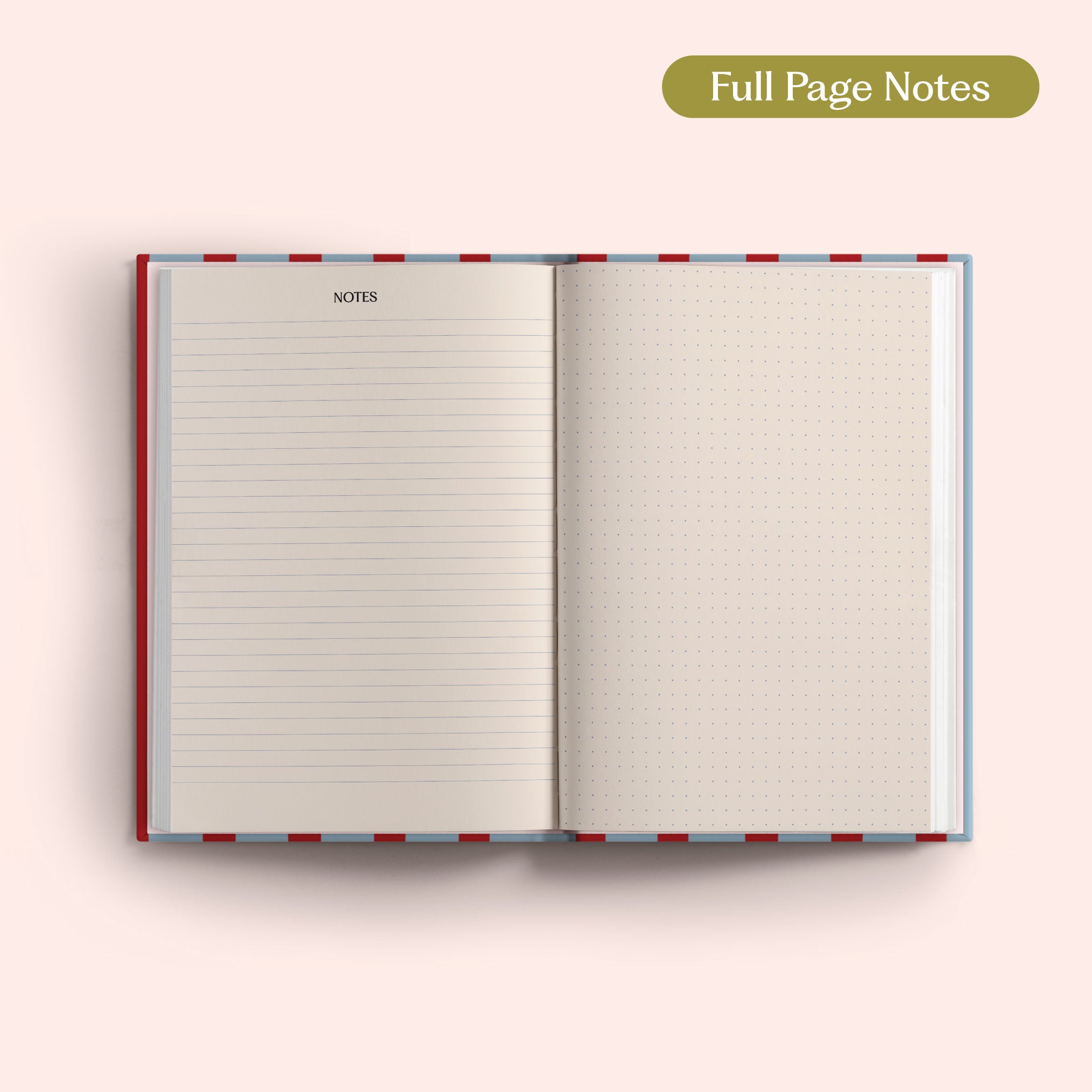 Open 2027 Diary with lined and dotted notes pages on a pink background