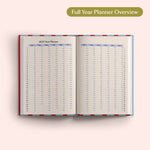 Open the 2027 Full Year Planner Overview on a pink background. Yearly Diary. Recycled paper.