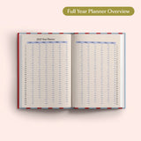 Open the 2027 Full Year Planner Overview on a pink background. Yearly Diary. Recycled paper.