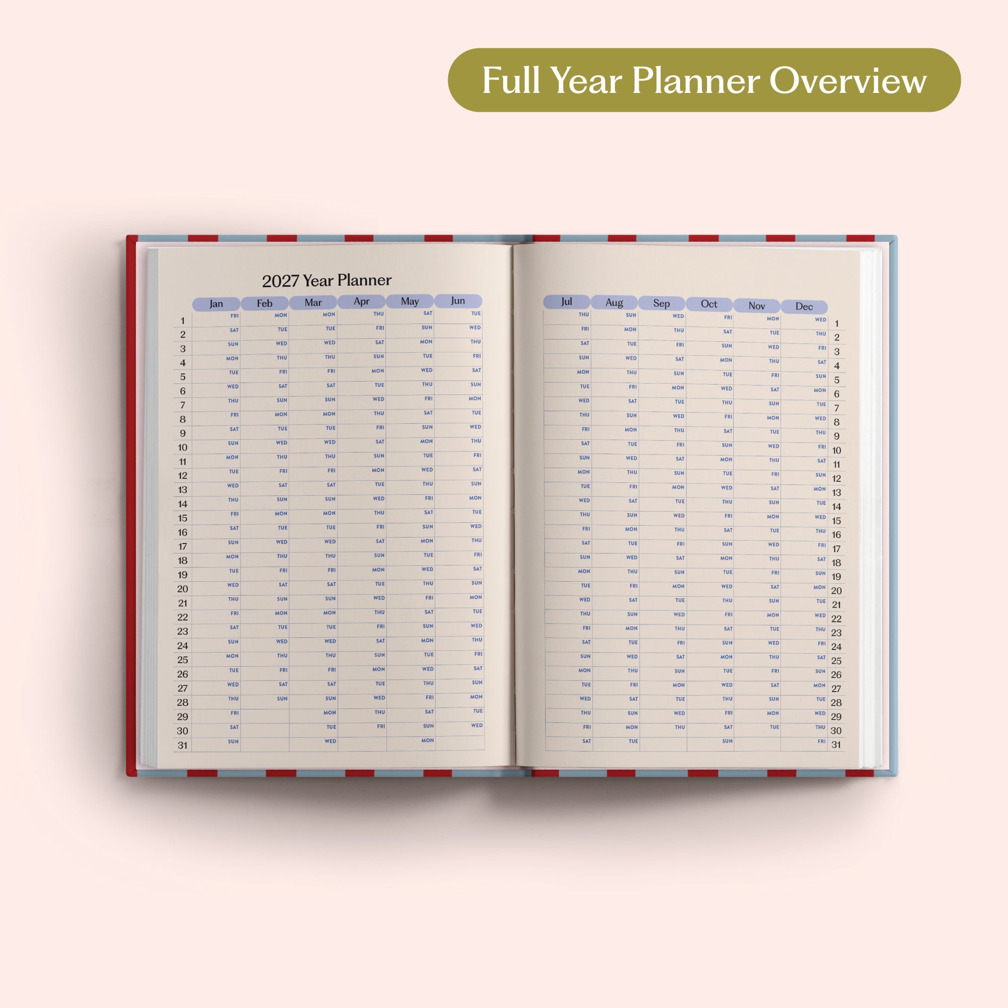 Open the 2027 Full Year Planner Overview on a pink background. Yearly Diary. Recycled paper.