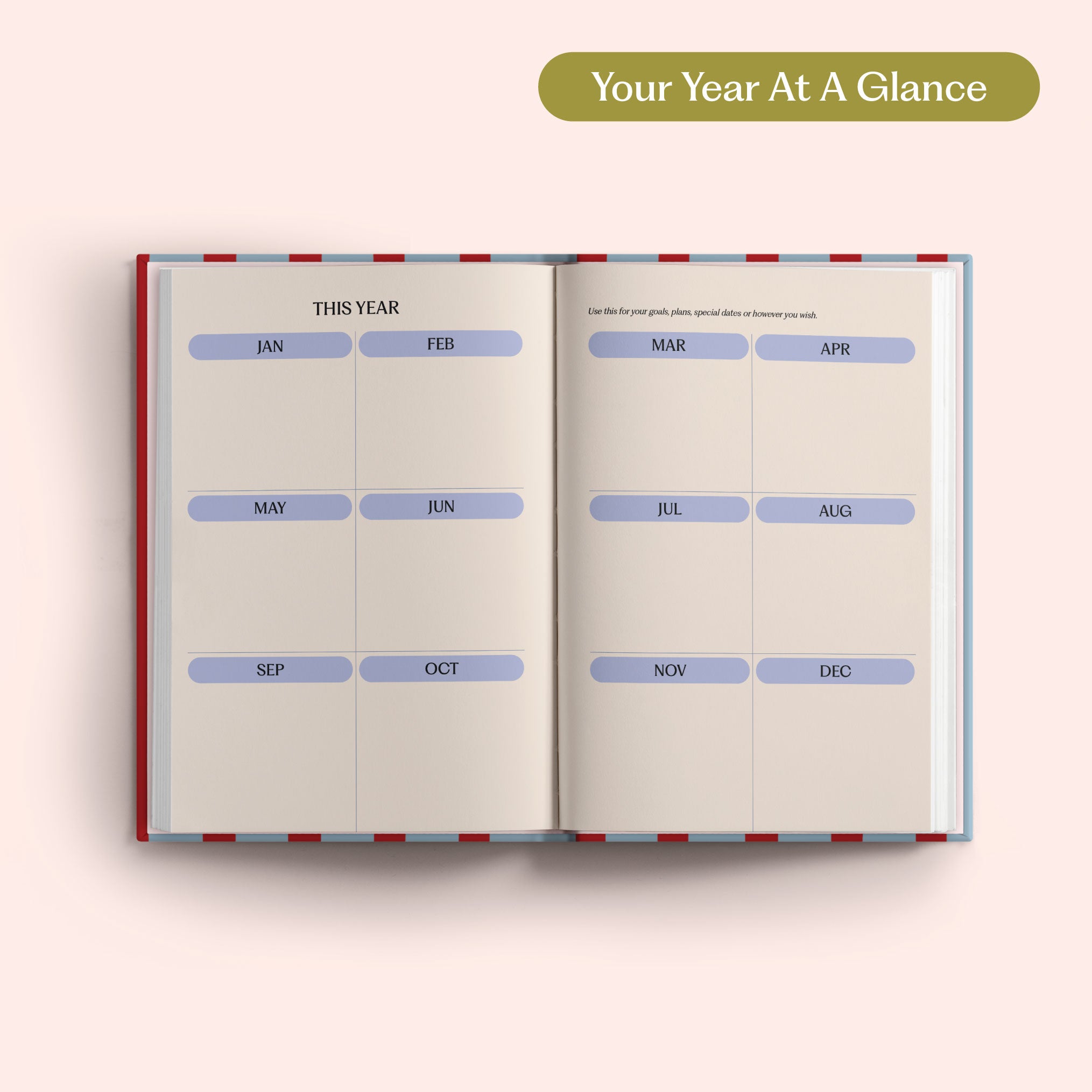 Open planner with 2027 year-to-view on a pink background. B Corp. Year Planner.