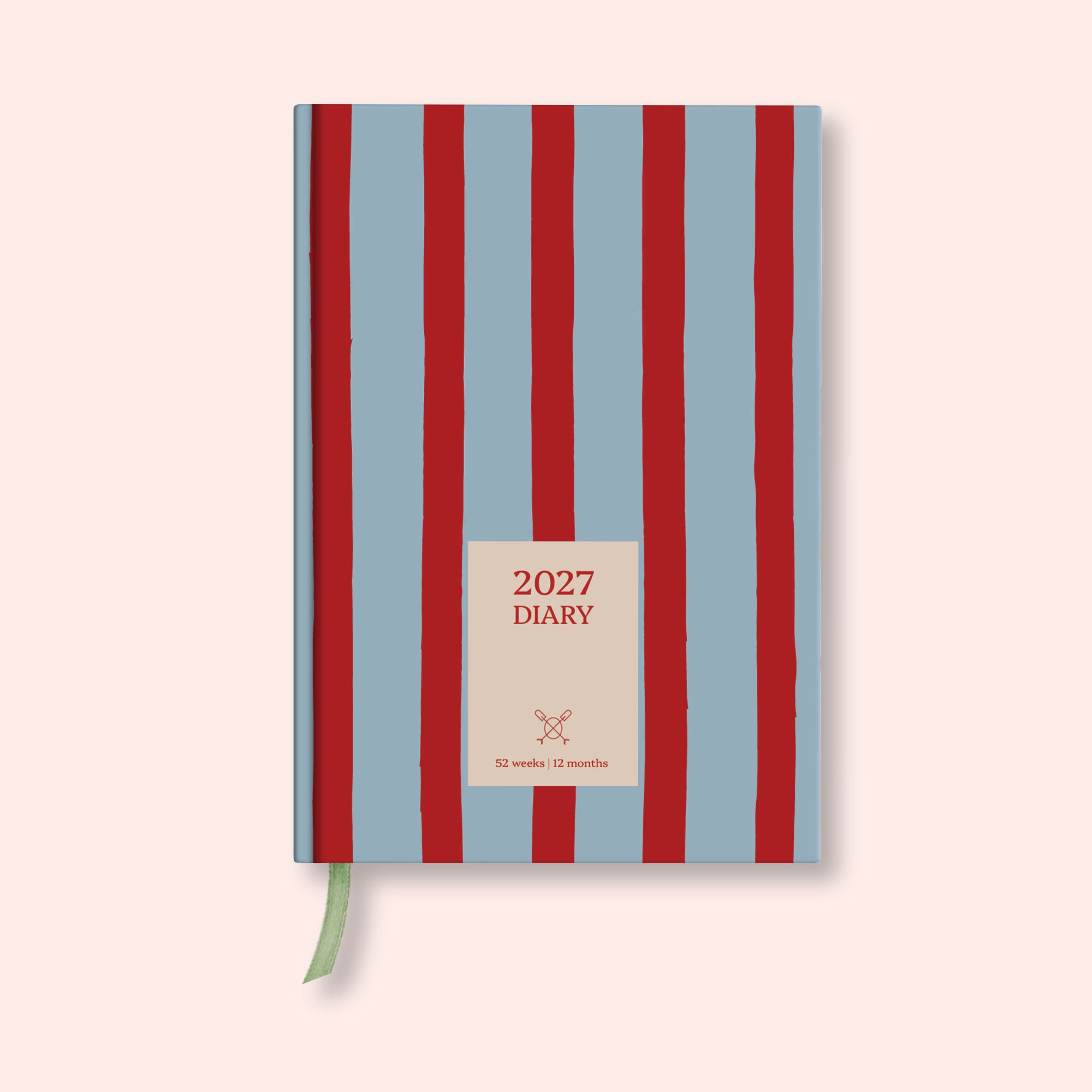 Blue and Red Striped weekly 2027 diary with on a pink background. B Corp. Recycled paper. With ribon. 