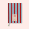Blue and Red Striped weekly 2027 diary with on a pink background. B Corp. Recycled paper. With ribon. 