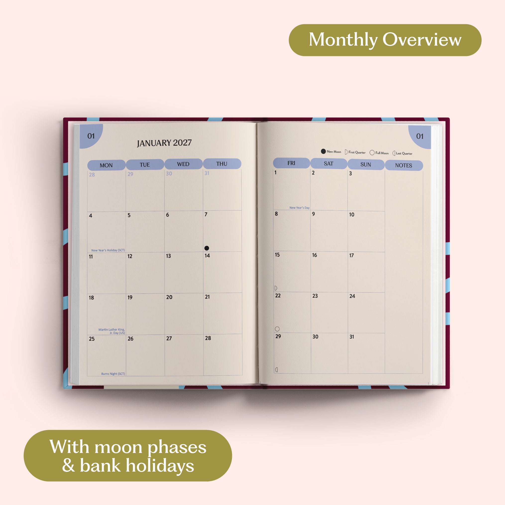 Open planner showing month-to-view January 2027 with moon phases and bank holidays on a pink background.