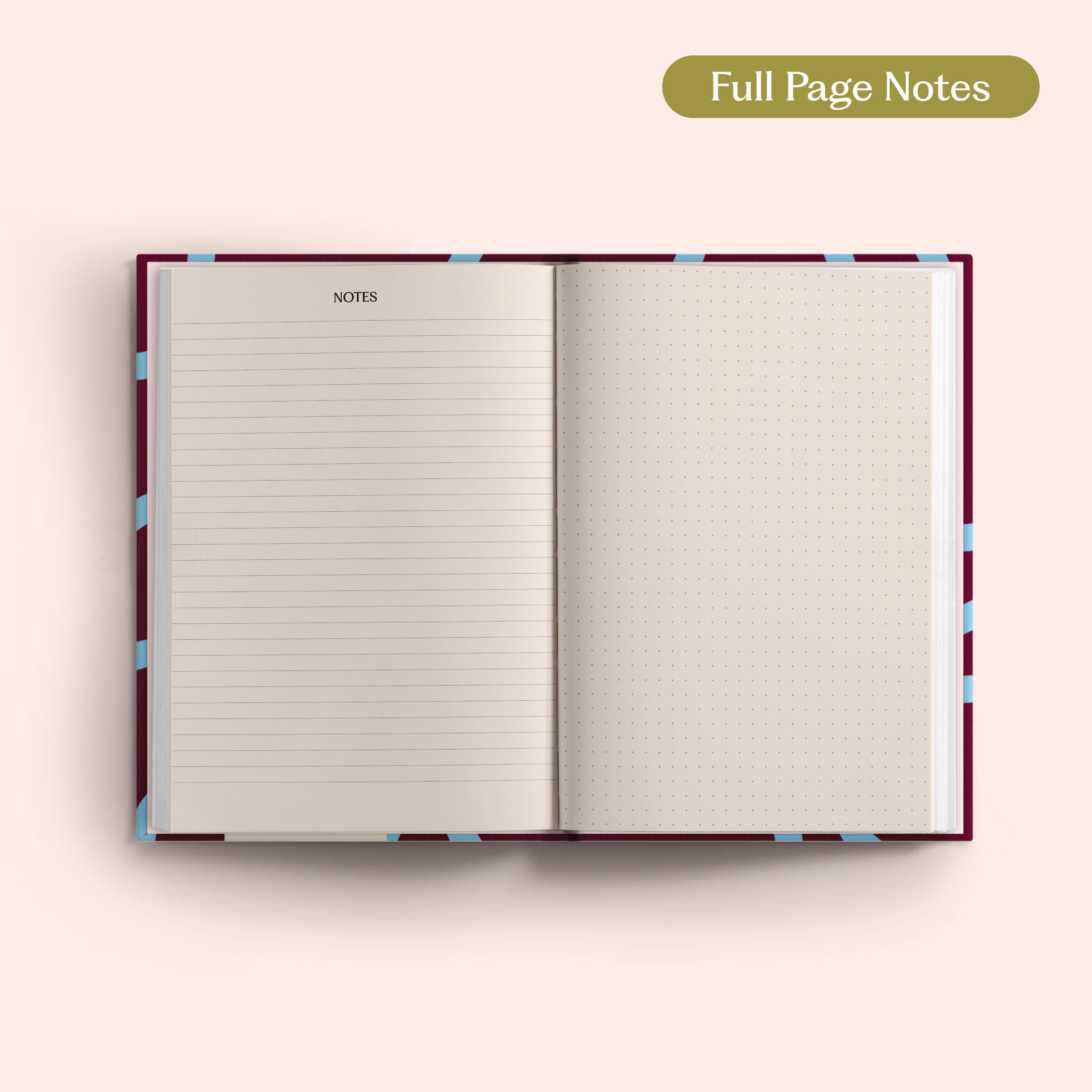 Open 2027 Diary with lined and dotted pages on a pink background.