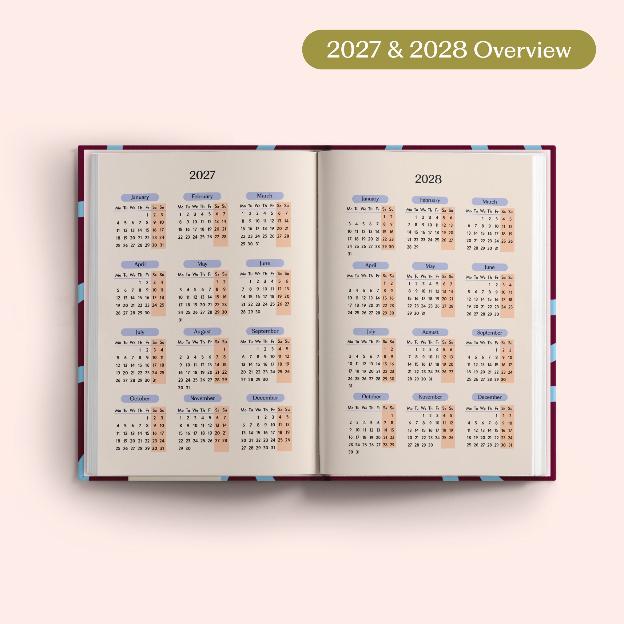 Open planner showing 2027 and 2028 yearly overview on a pink background.