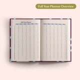 Open the 2027 Full Year Planner Overview on a pink background. Yearly Diary. Recycled paper.