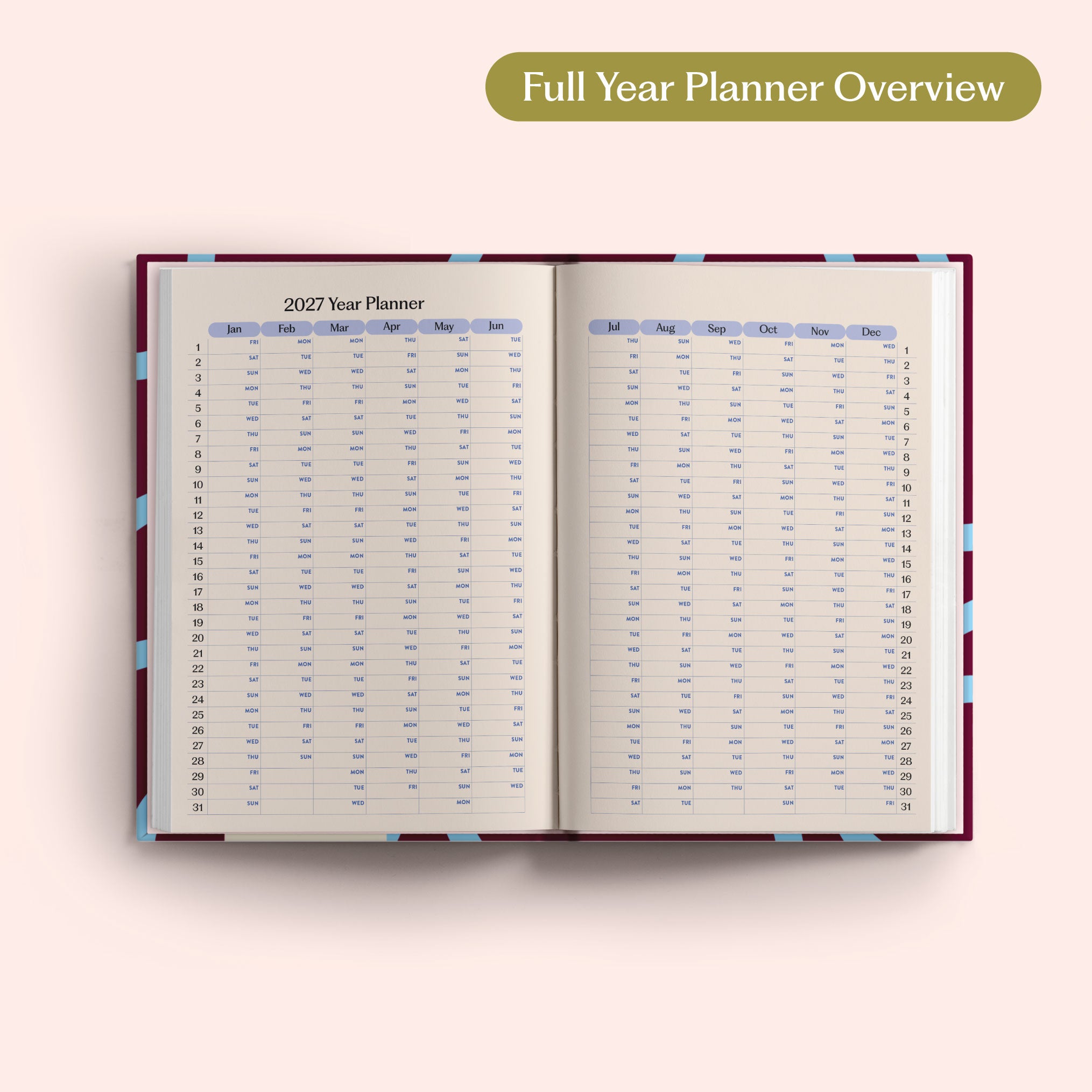 Open the 2027 Full Year Planner Overview on a pink background. Yearly Diary. Recycled paper.