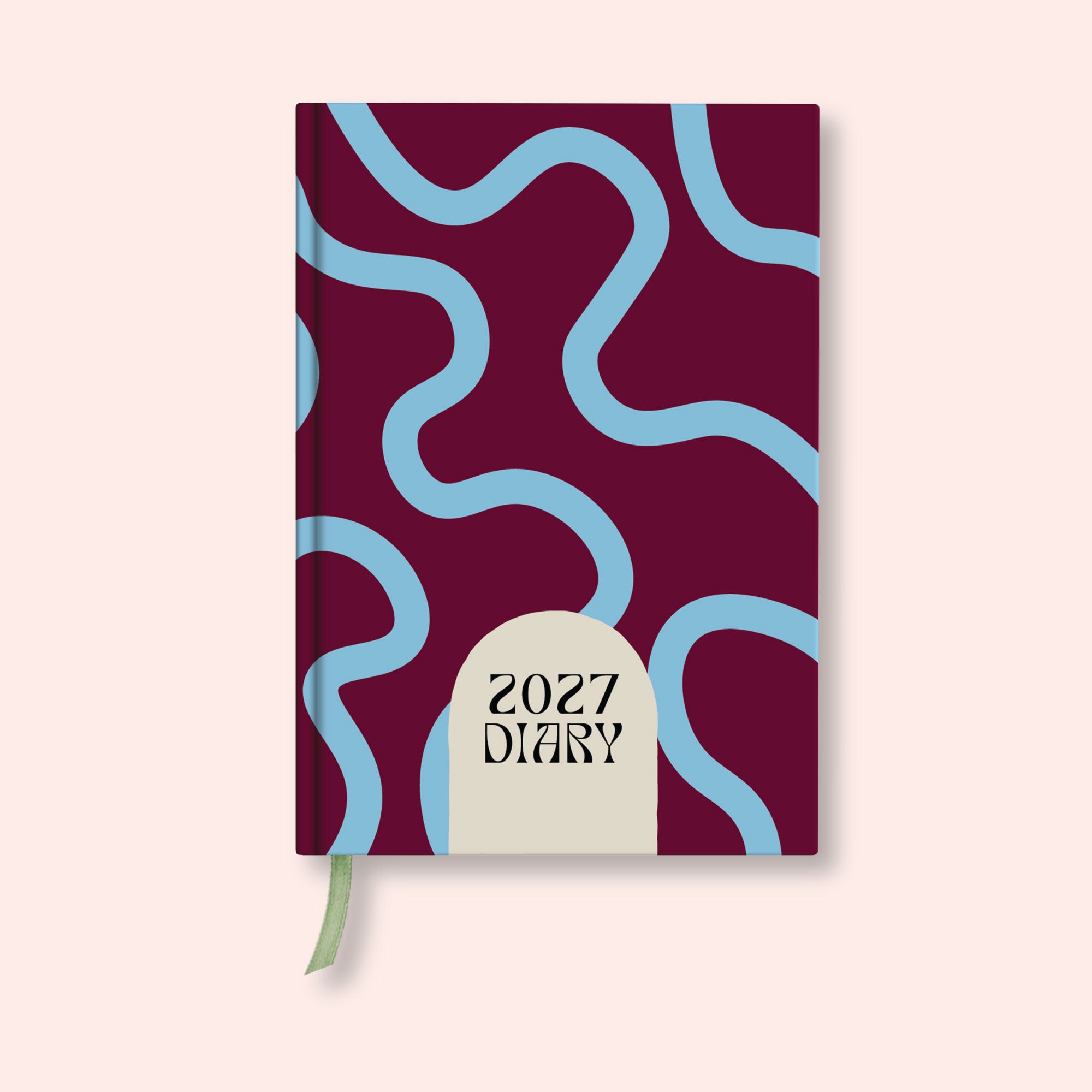 Sky Blue and Plum weekly 2027 diary with on a pink background. B Corp. Recycled paper.