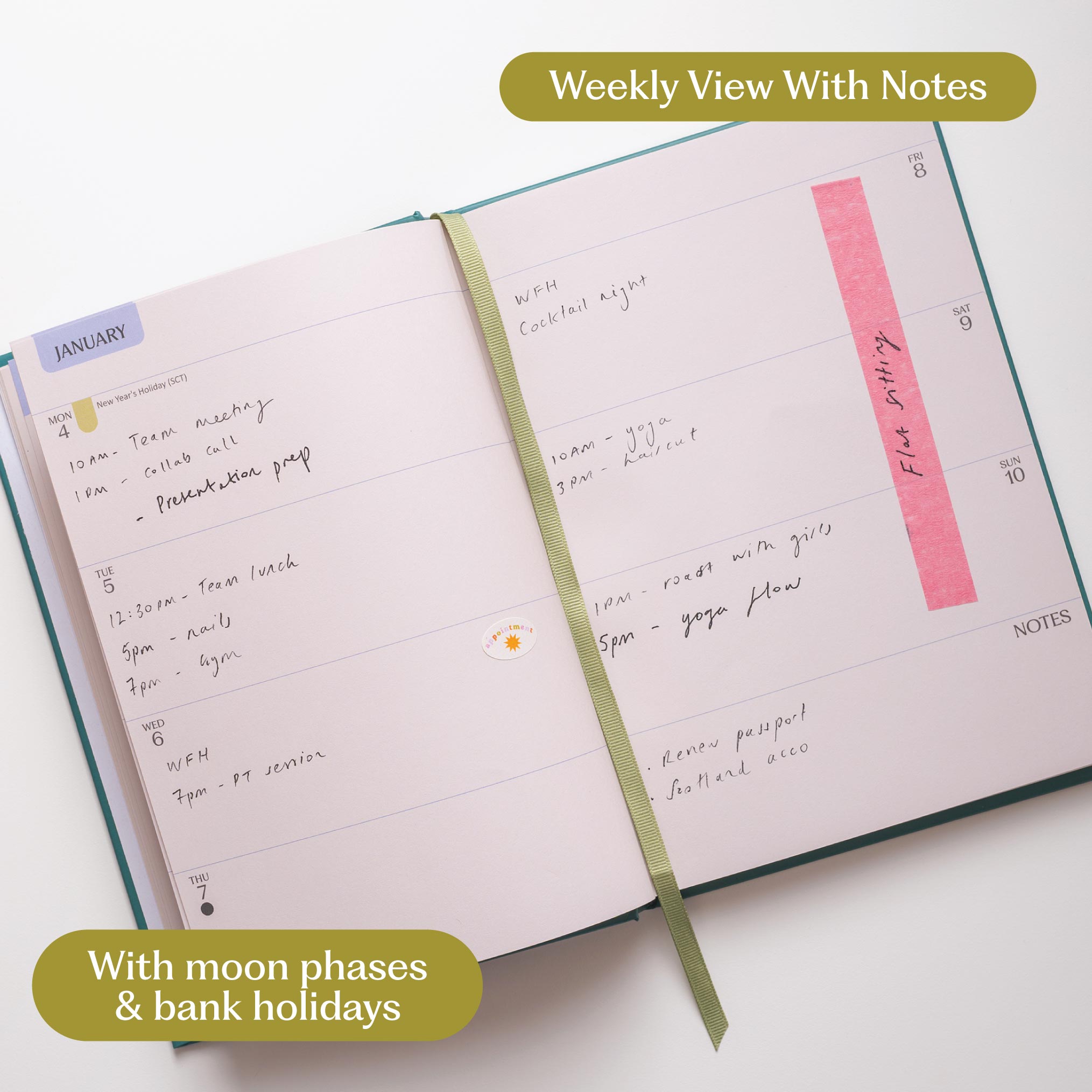 An open weekly planner spread with handwritten notes, a pink sticky note, and a green ribbon bookmark on a white background. Text banners read 'Weekly View With Notes' and 'With moon phases & bank holidays.