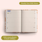Open planner showing a weekly view with notes on a pink background. Recycled Paper.