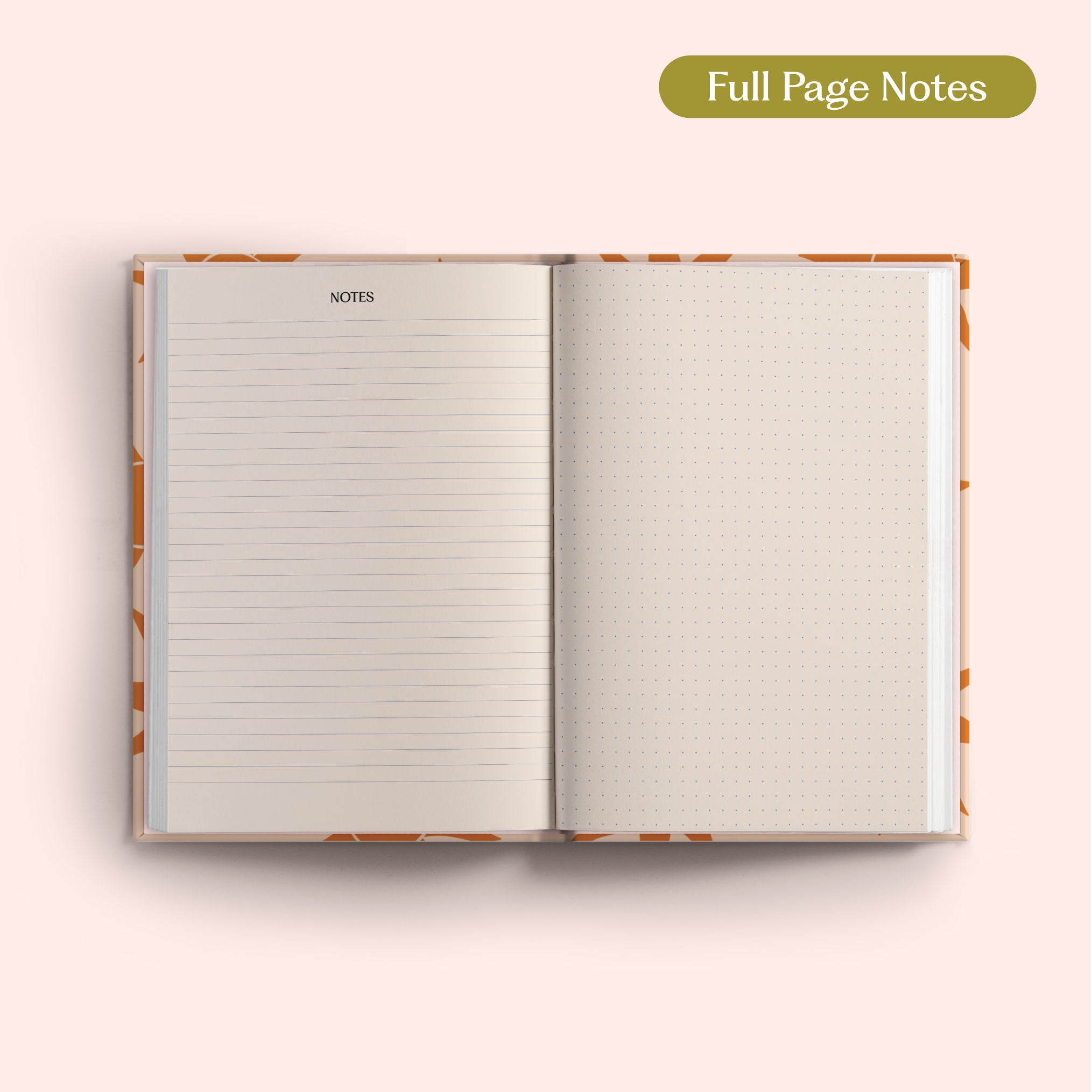 Open 2027 Diary with lined and dotted pages on a pink background.