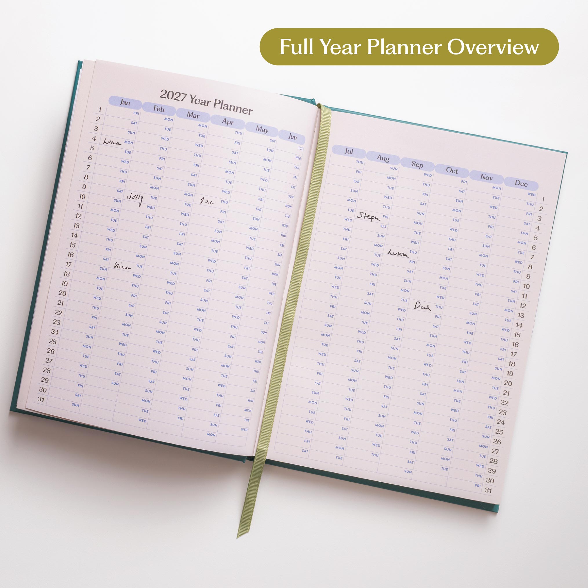 An open 2027 year planner with lined pages showing the days, weeks and months of 2027. With the title 'Full Year Planner Overview'.