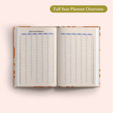 Open the 2027 Full Year Planner Overview on a pink background. Yearly Diary. Recycled paper.