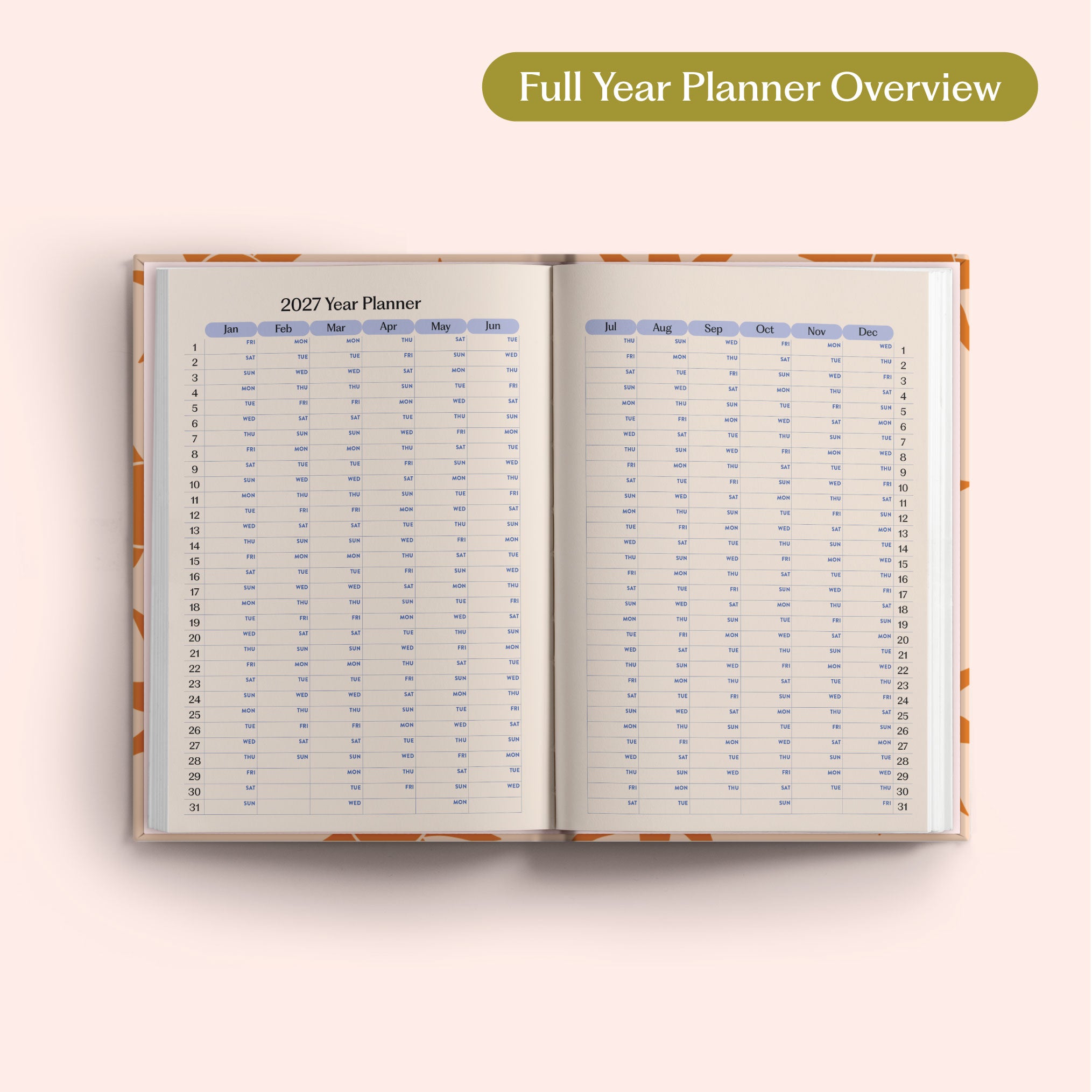 Open the 2027 Full Year Planner Overview on a pink background. Yearly Diary. Recycled paper.