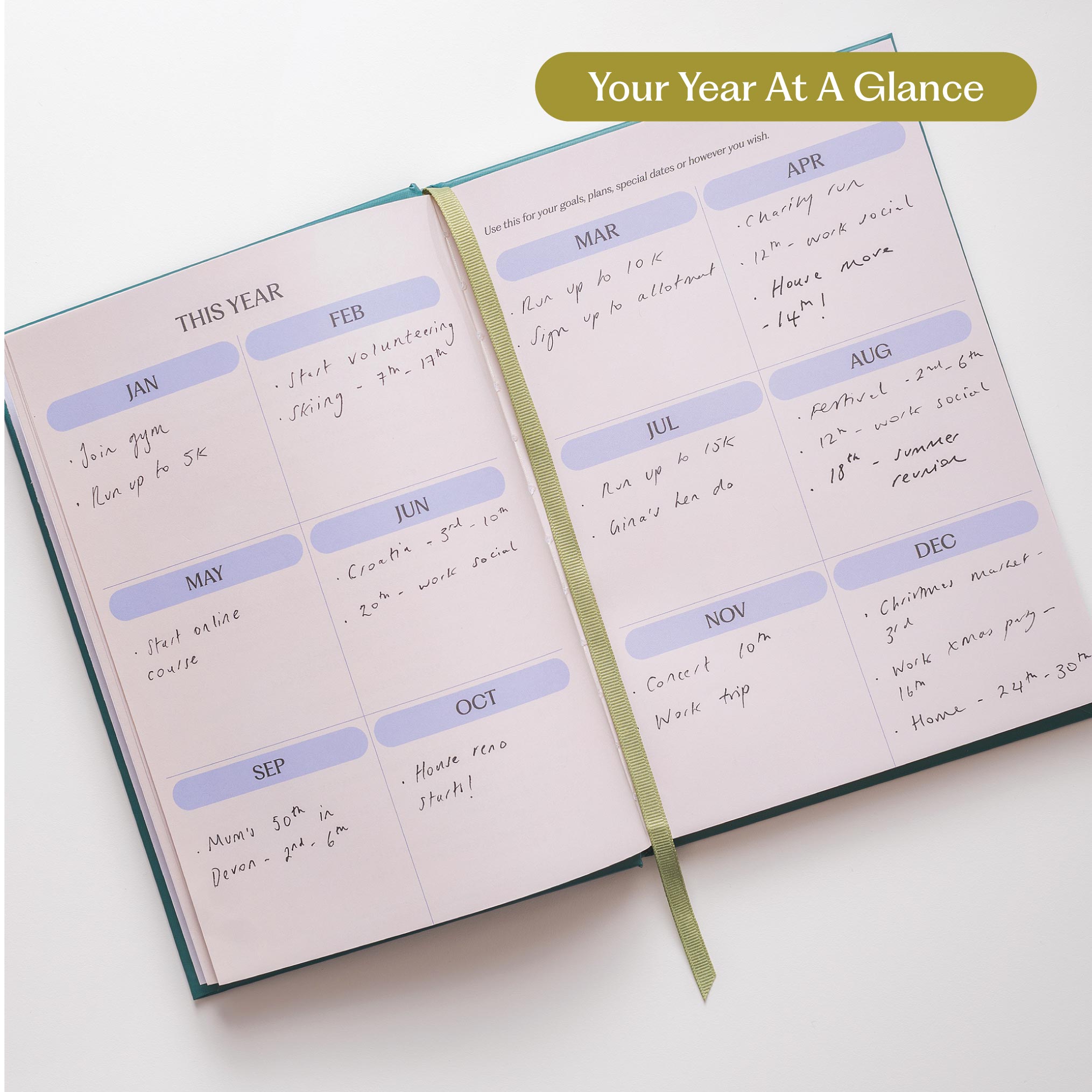 An open year at a glance showing a monthly calendar layout for the year, with pastel-colored day boxes and handwritten notes. 