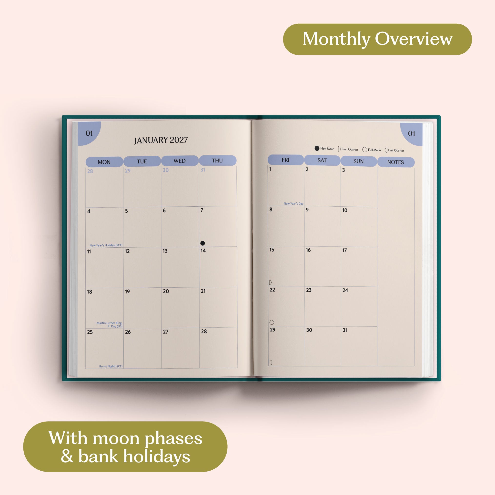 Open planner showing month-to-view January 2027 with moon phases and bank holidays on a pink background.