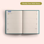 Open planner showing a weekly view with notes on a pink background. Recycled Paper.