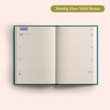 Open planner showing a weekly view with notes on a pink background. Recycled Paper.