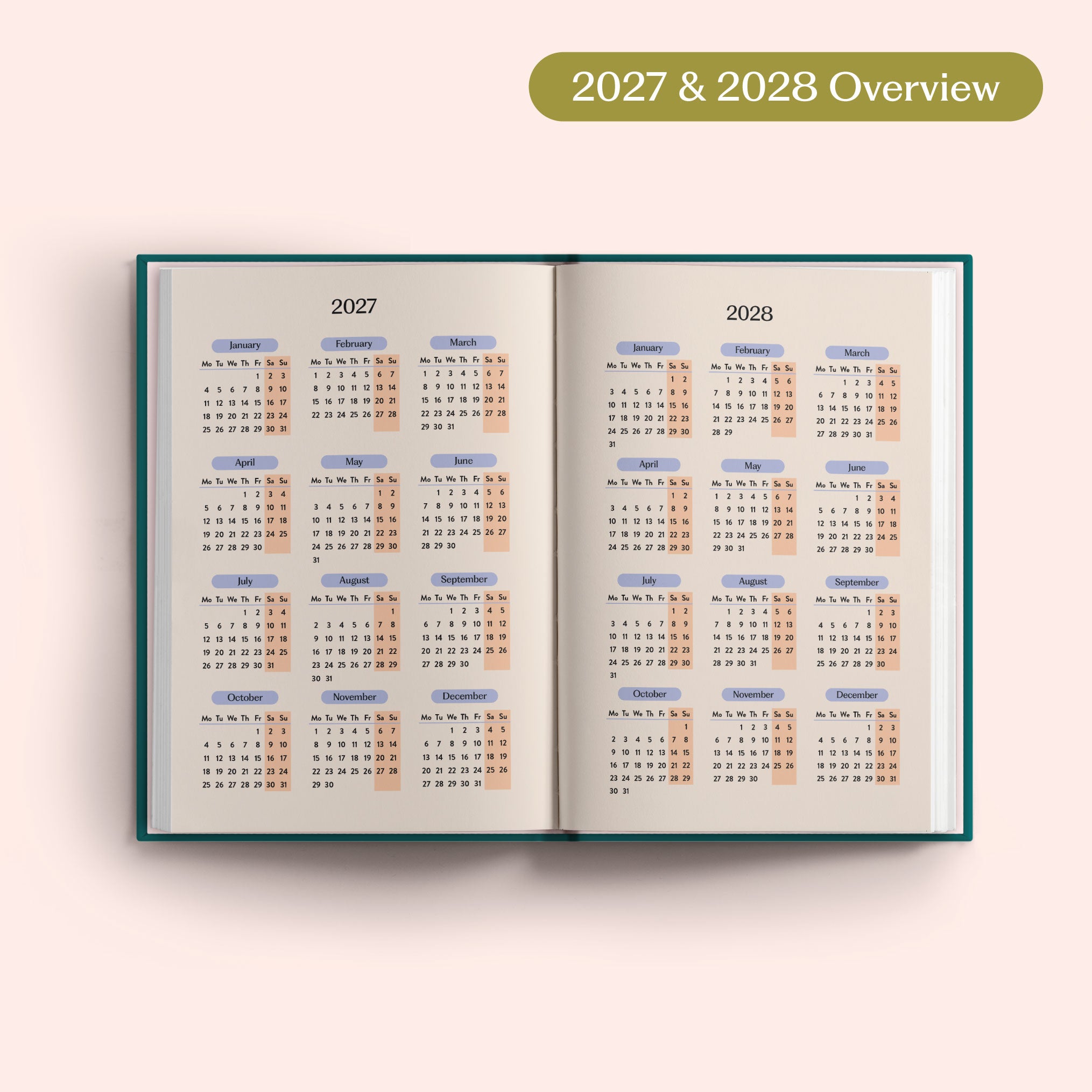 Open planner showing 2027 and 2028 yearly overview on a pink background.