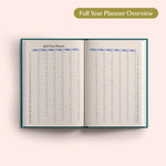 Open the 2027 Full Year Planner Overview on a pink background. Yearly Diary. Recycled paper.