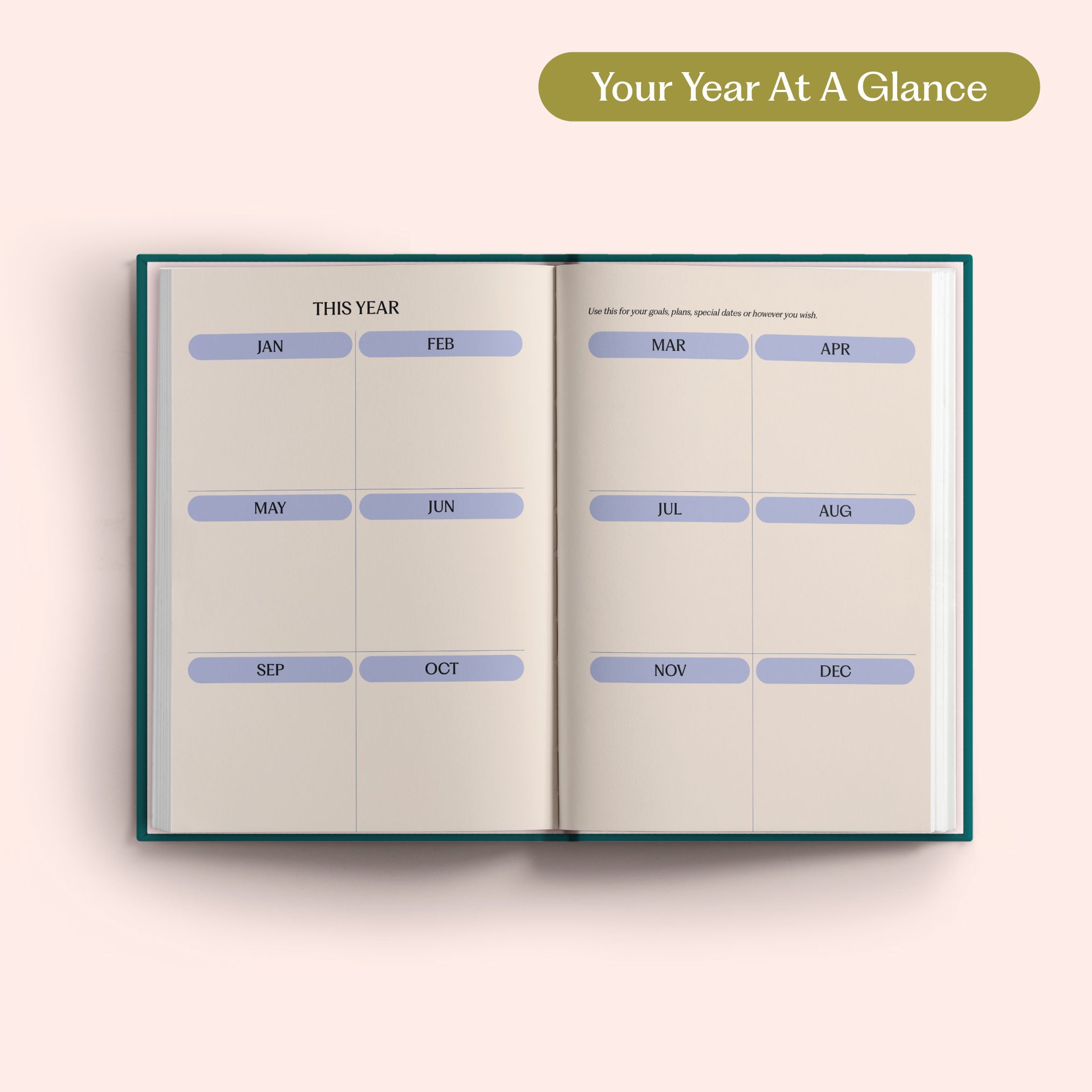 Open planner with 2027 year-to-view on a pink background. B Corp. Year Planner.