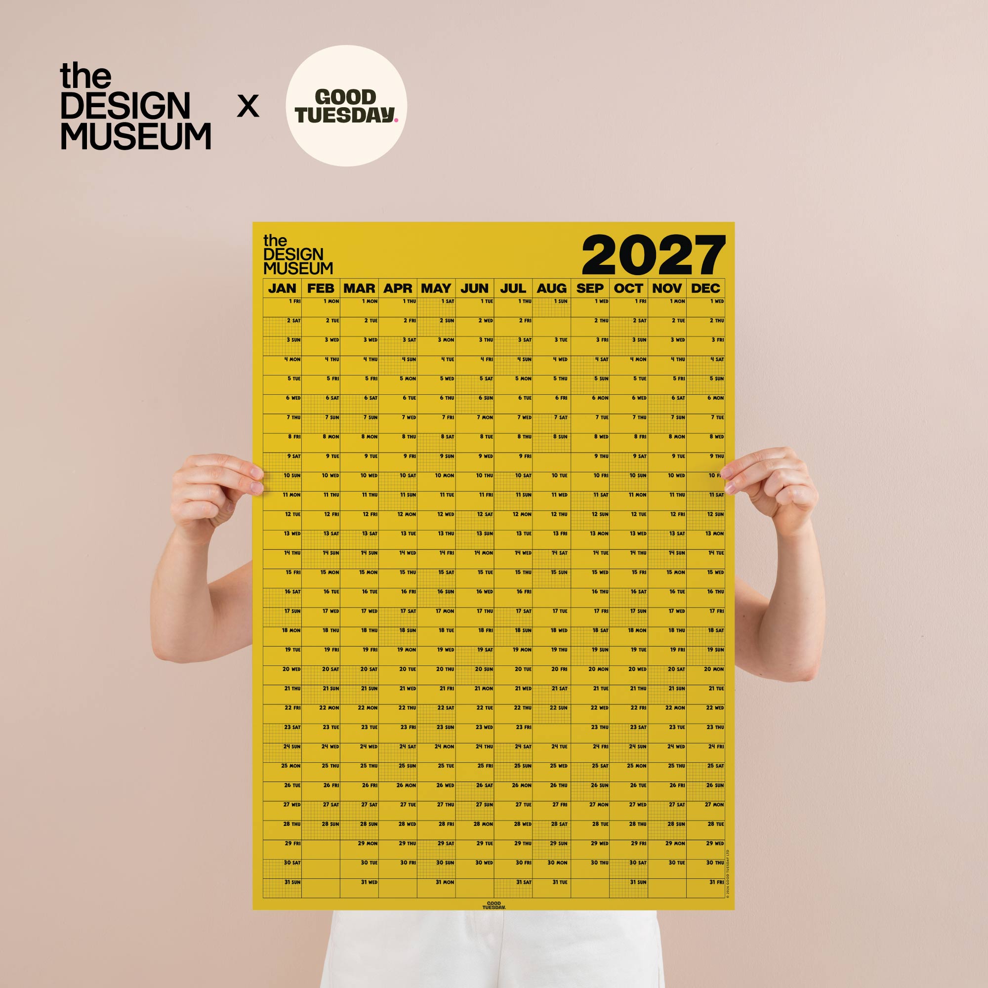 2027 Design Museum Wall Planner, Yellow, portrait 49x70cm, weekends highlighted and week numbers