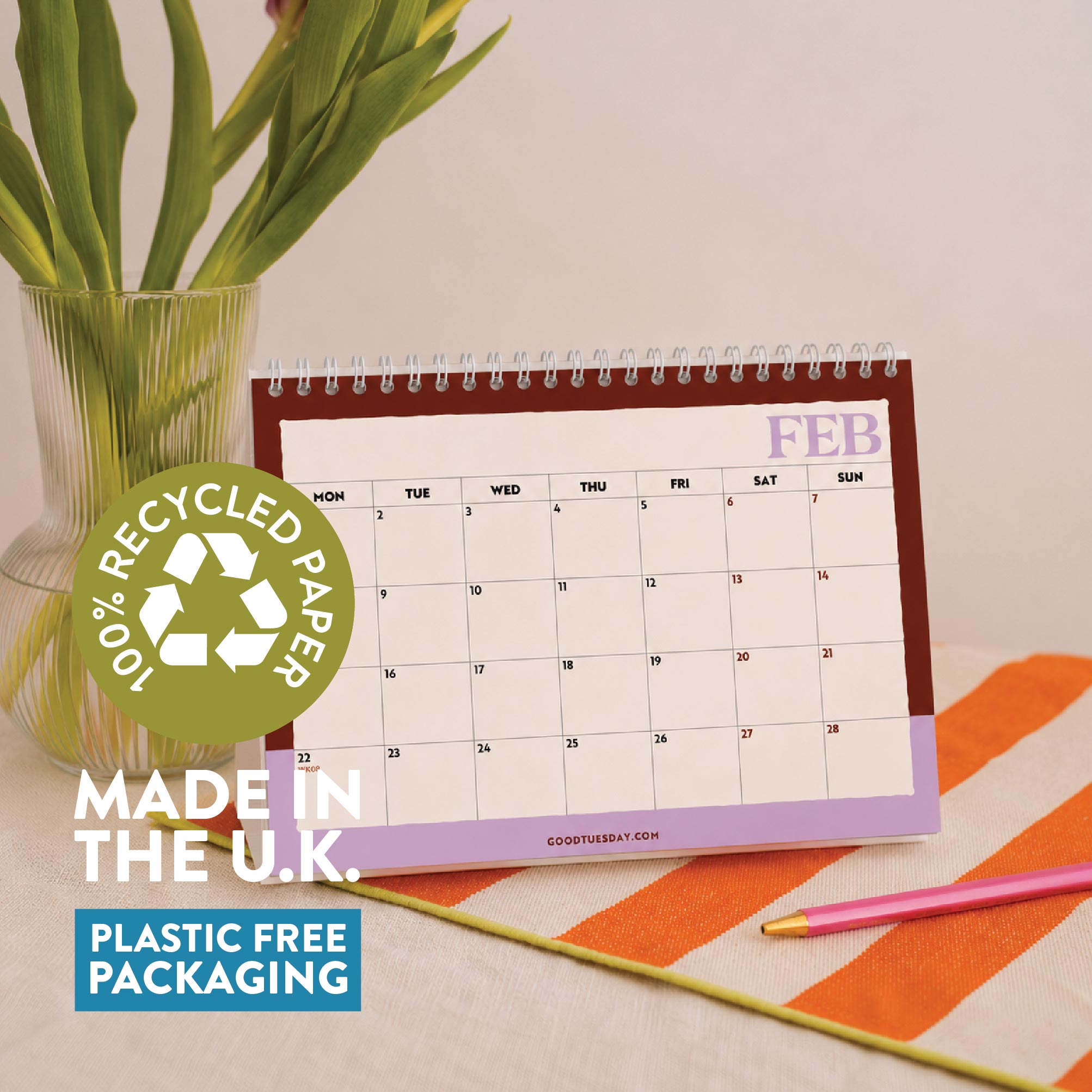 Inner Page of 2027 desk calendar showing the monthly grid layout, made in the UK, 100% recycled paper plastic free packaging in design Bold Block