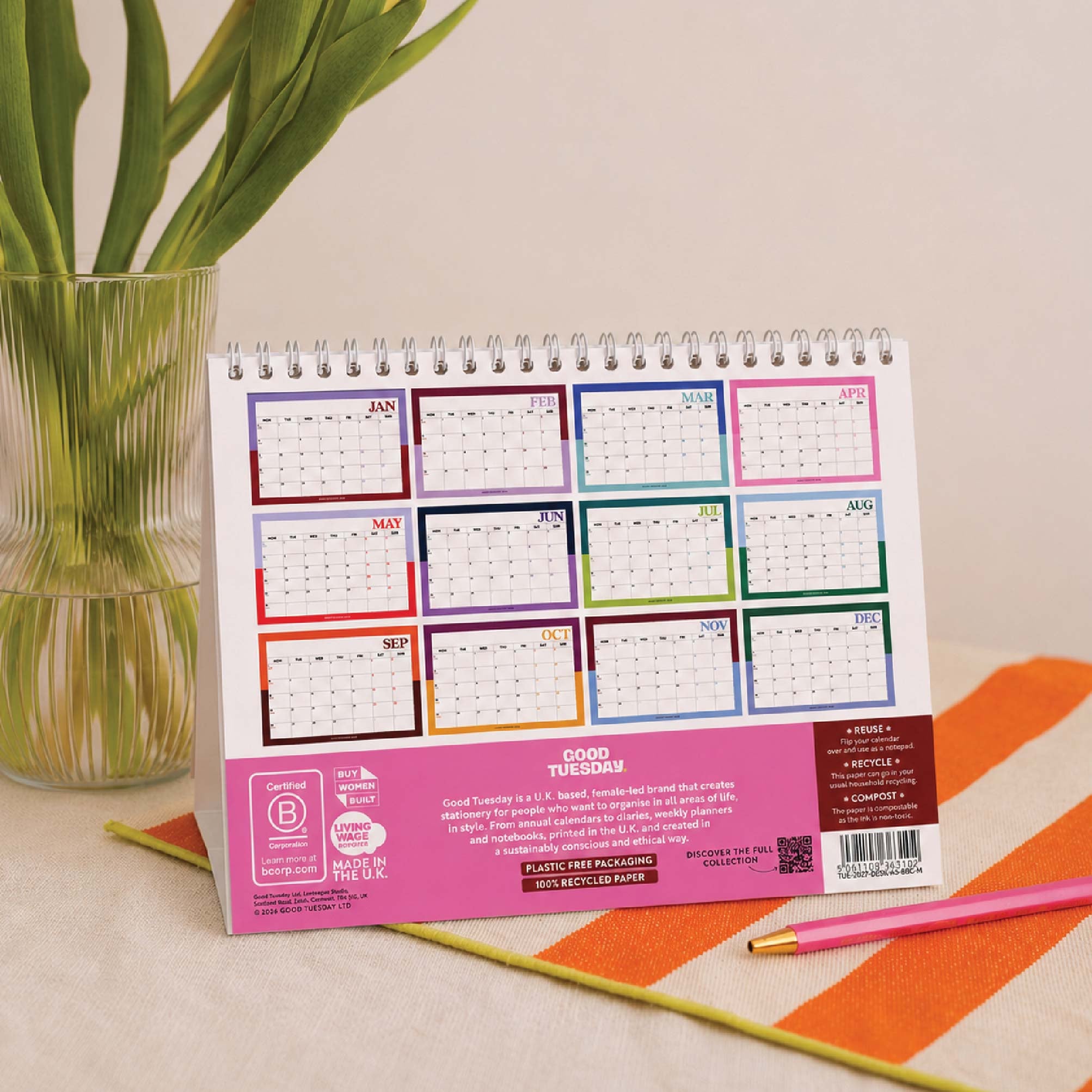 Back cover of the 2027 Desk Calendar showing the full 12 month layout in design Bold Block